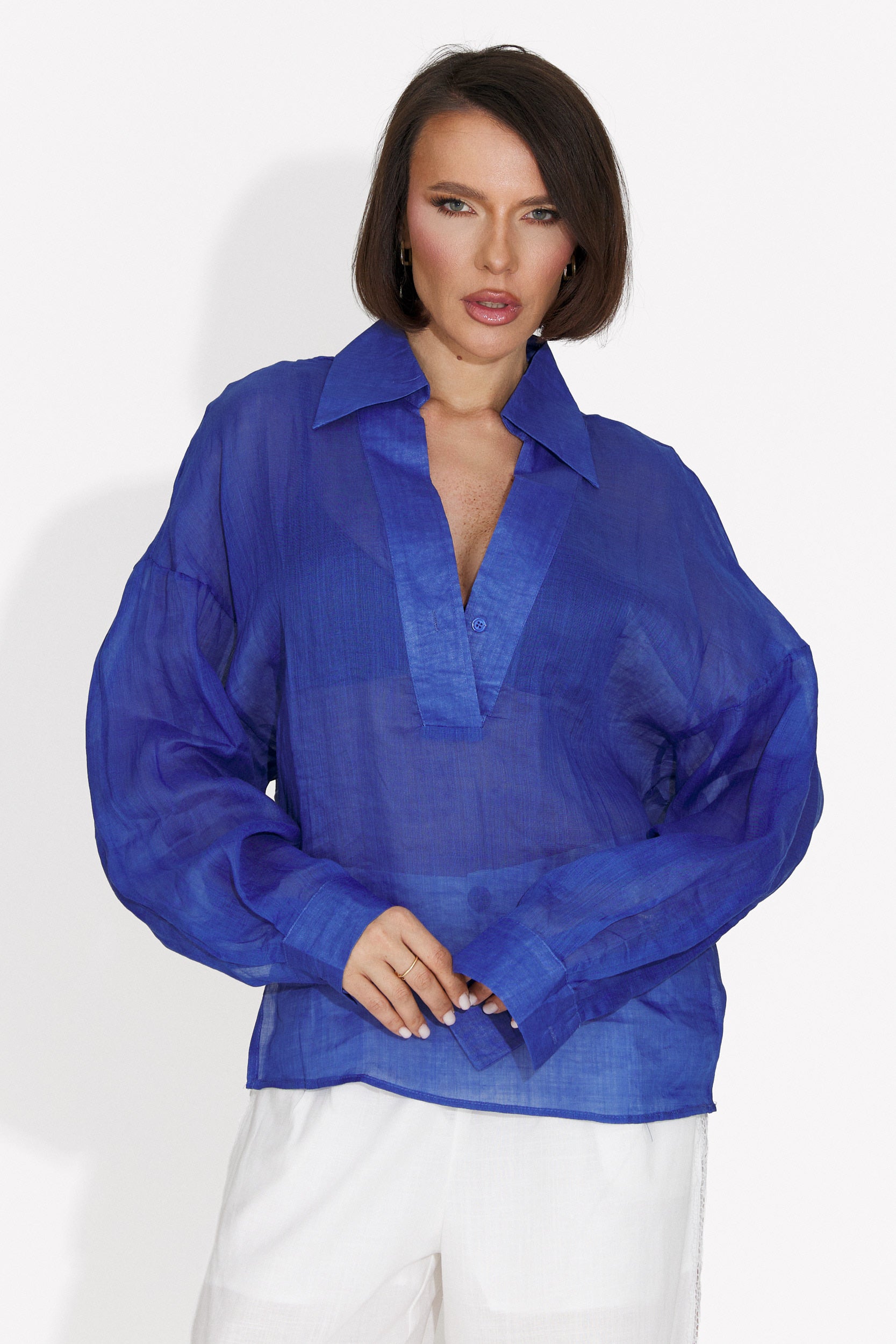 Camasa dama casual albastra Hibiscus Bogas