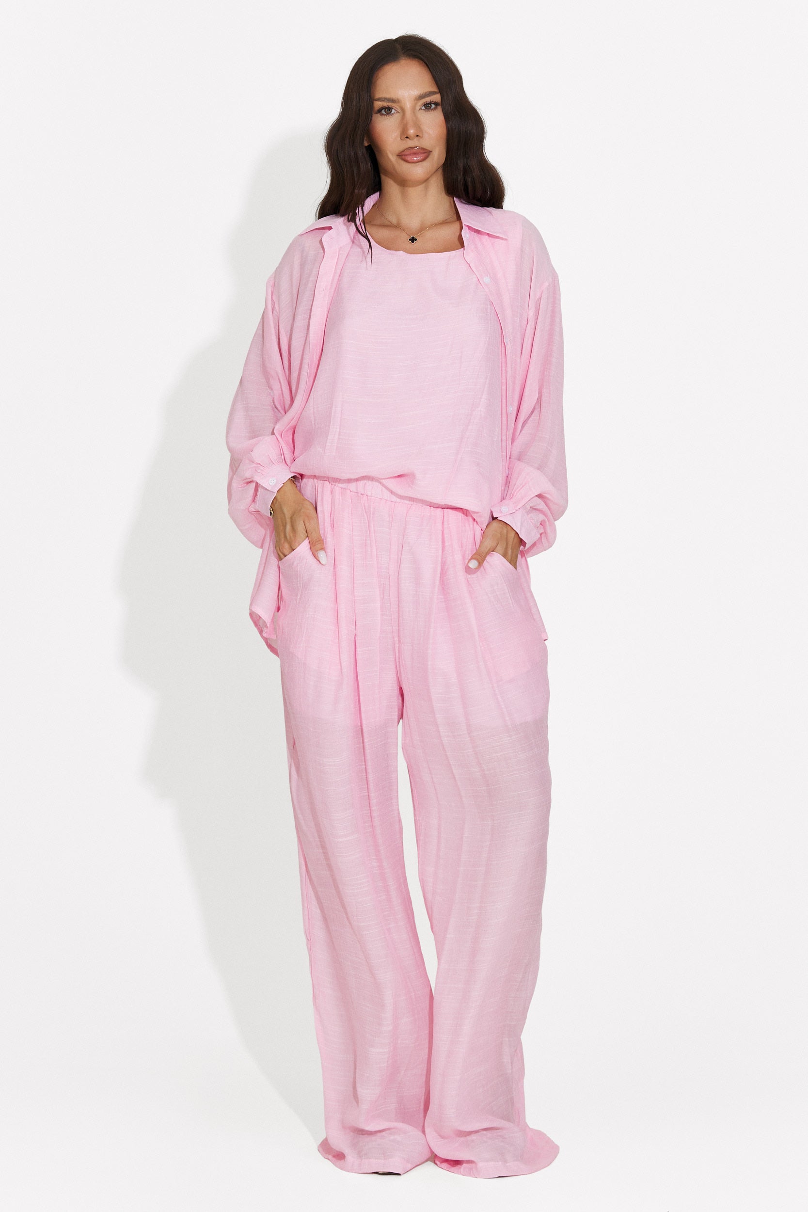 Completo donna camicia + pantaloni + canotta rosa Mivya Bogas