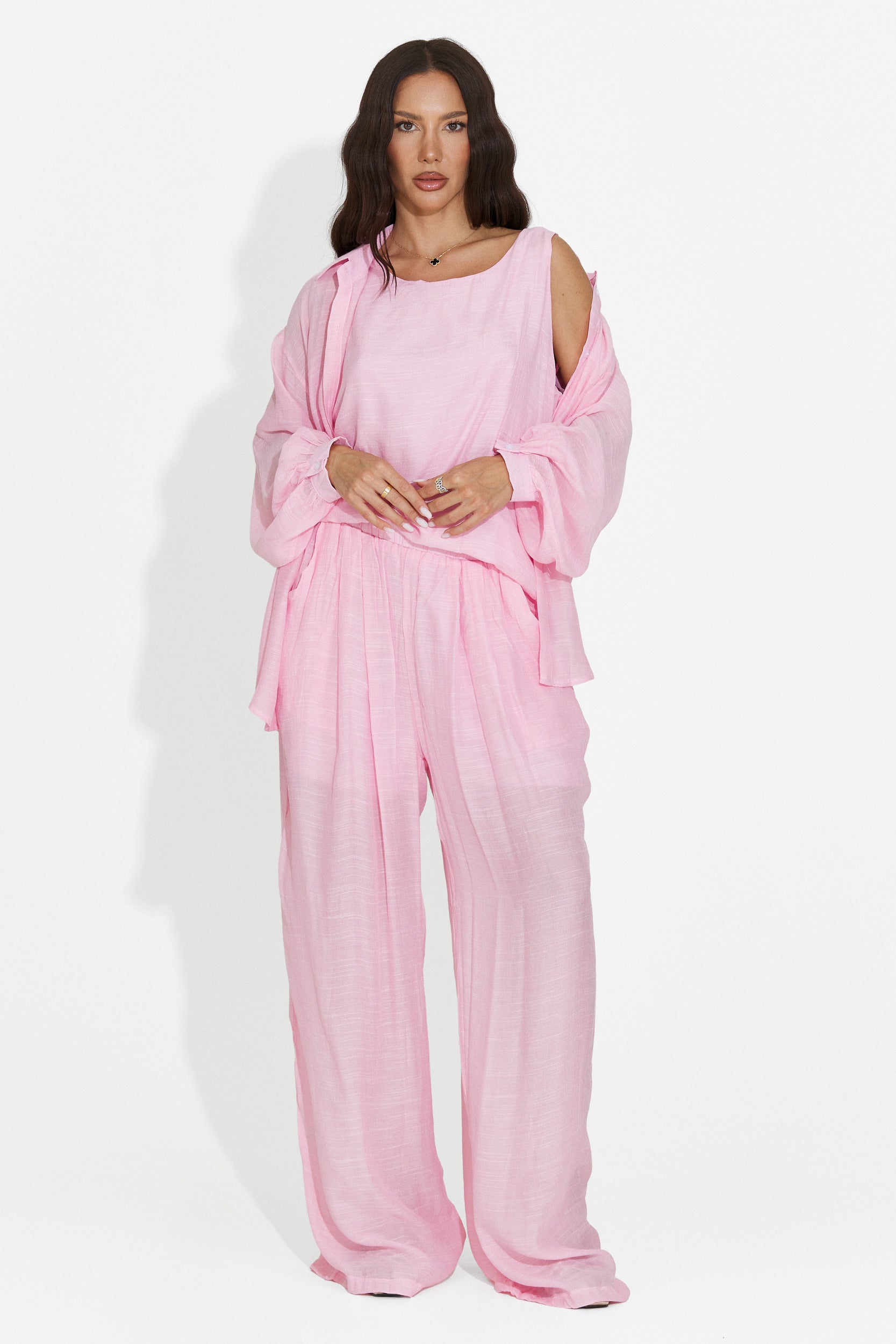 Completo donna camicia + pantaloni + canotta rosa Mivya Bogas