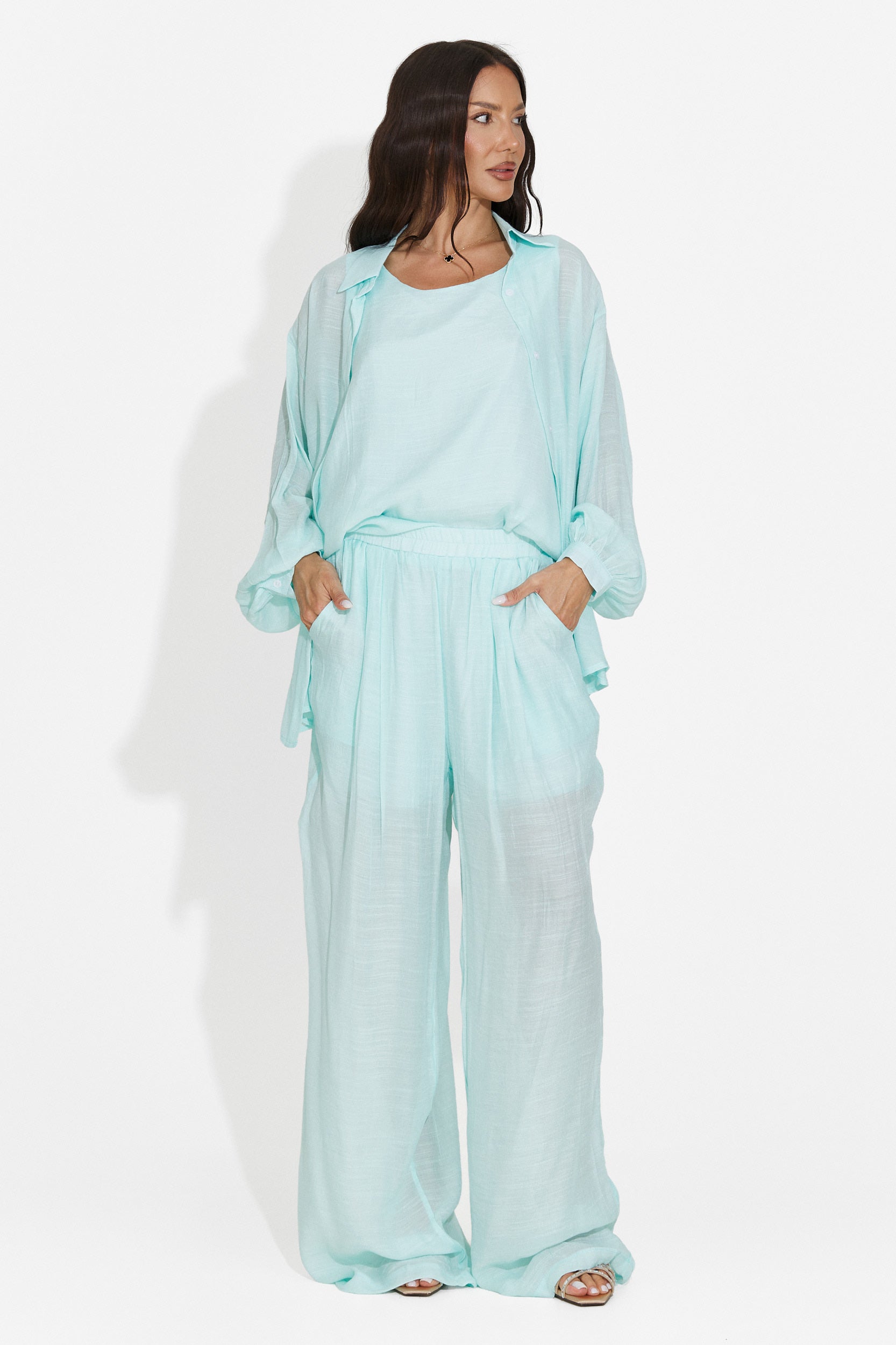 Completo donna camicia + pantaloni + canotta turchese Mivya Bogas