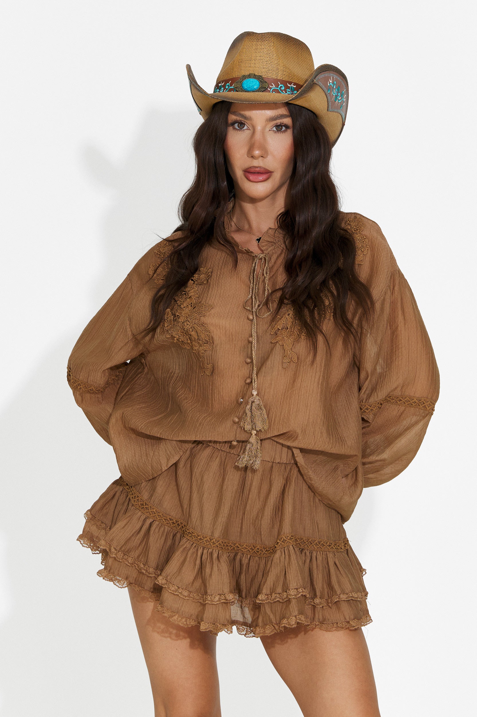 Completo donna con gonna pantalone marrone Miniola Bogas