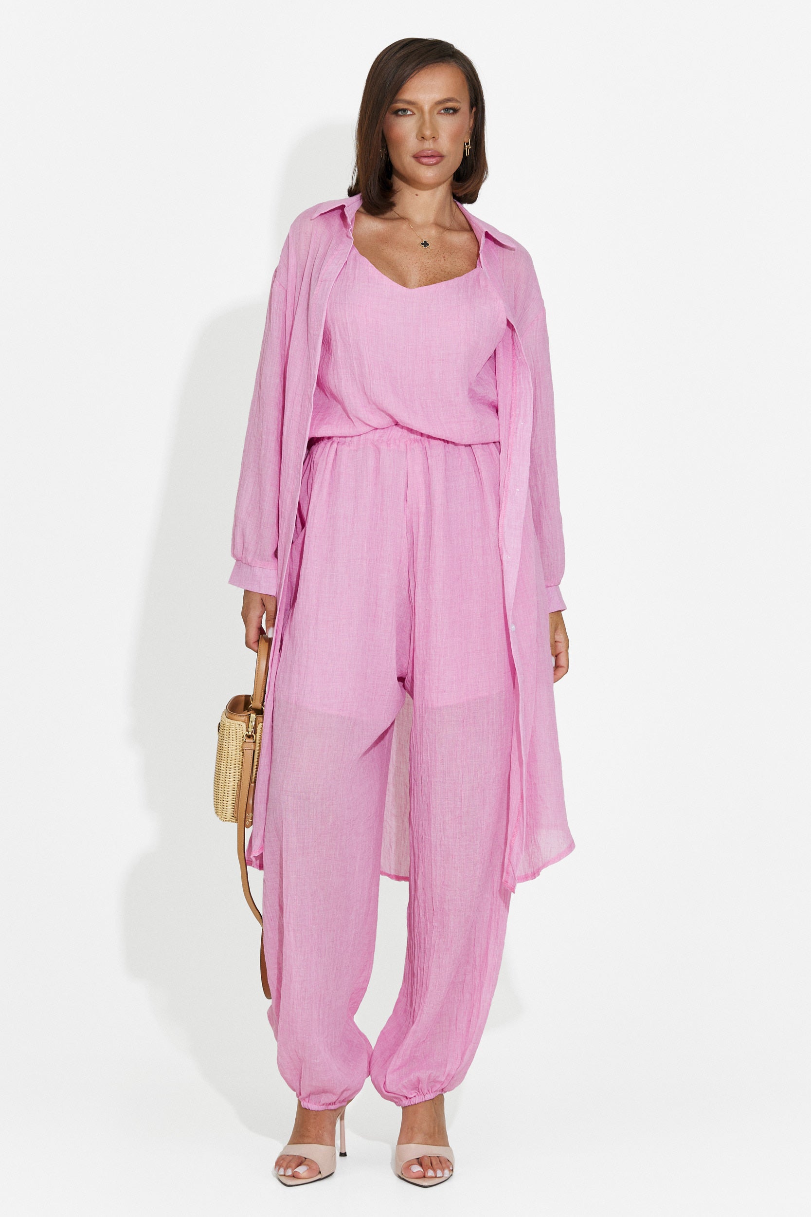 Completo da donna pantaloni + canotta + camicia rosa Dariele Bogas