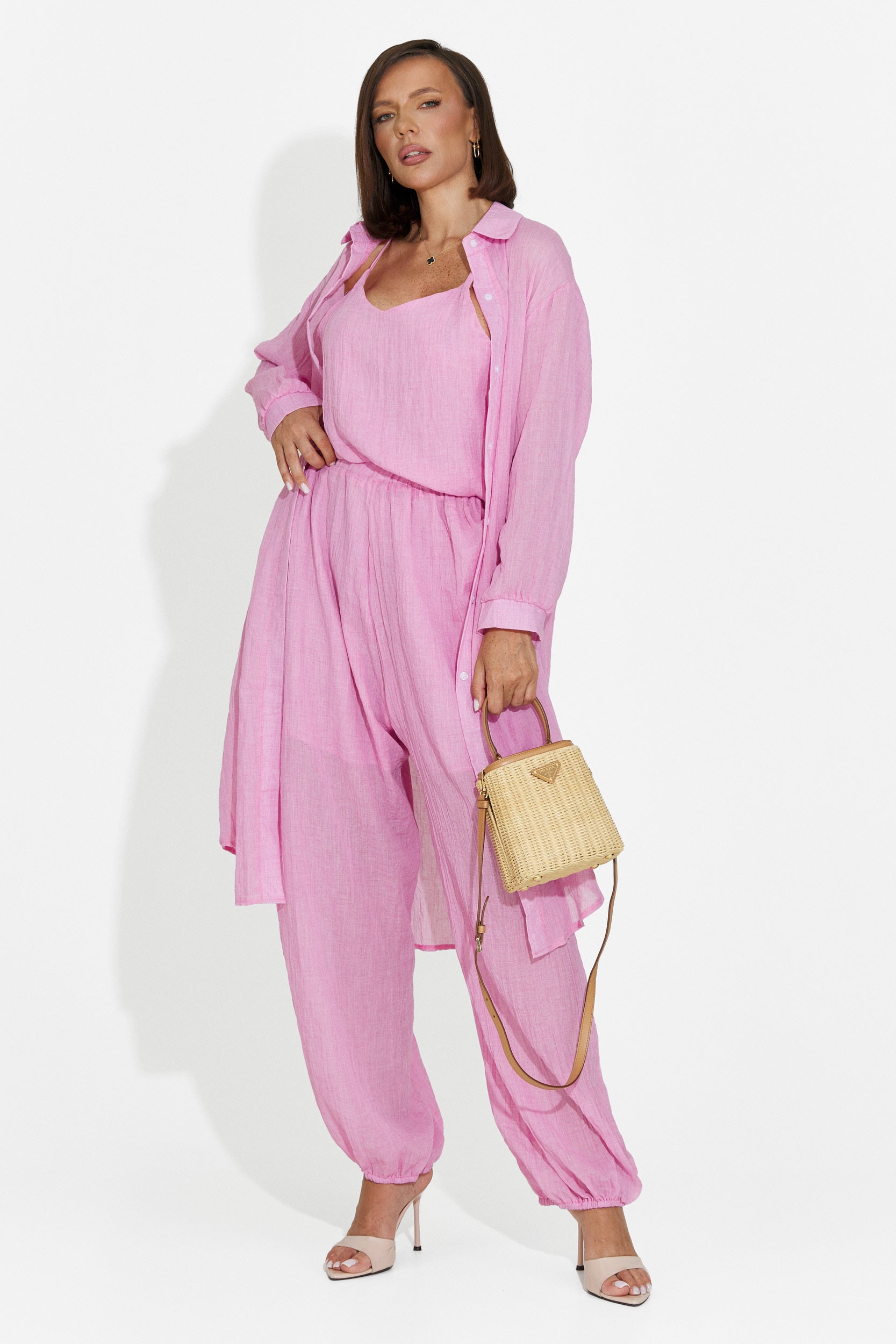 Completo da donna pantaloni + canotta + camicia rosa Dariele Bogas