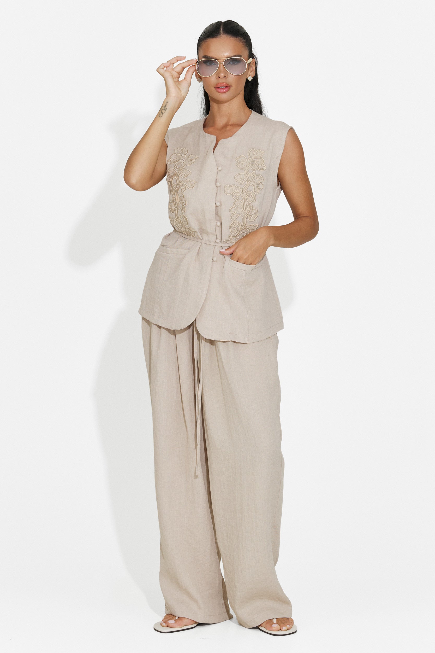 Completo donna gilet + pantaloni beige Vyzela Bogas