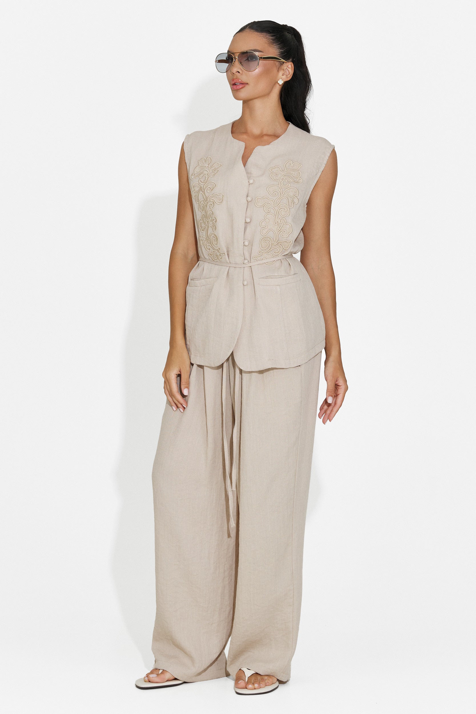 Completo donna gilet + pantaloni beige Vyzela Bogas