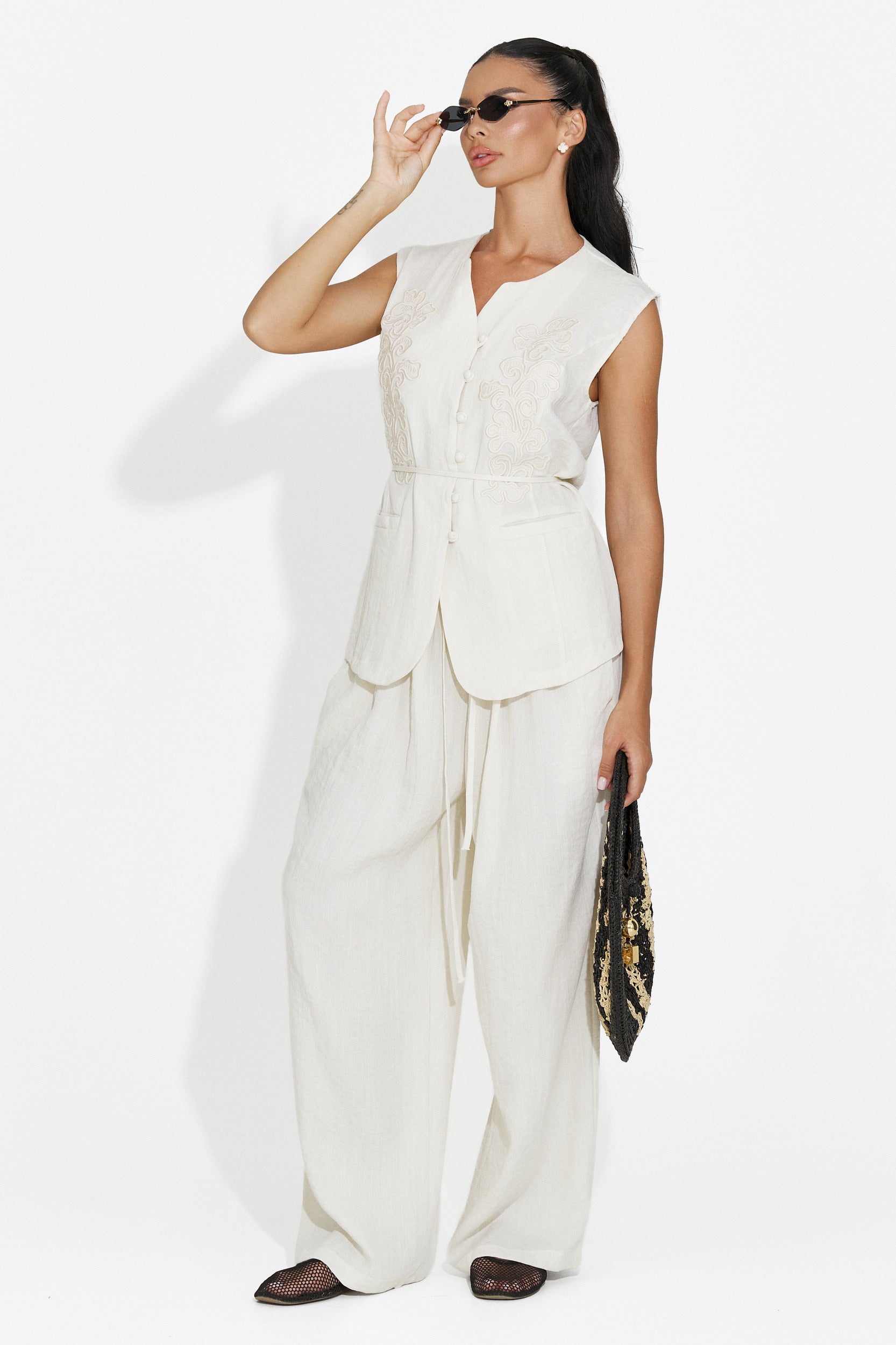 Completo donna gilet + pantaloni crema Vyzela Bogas