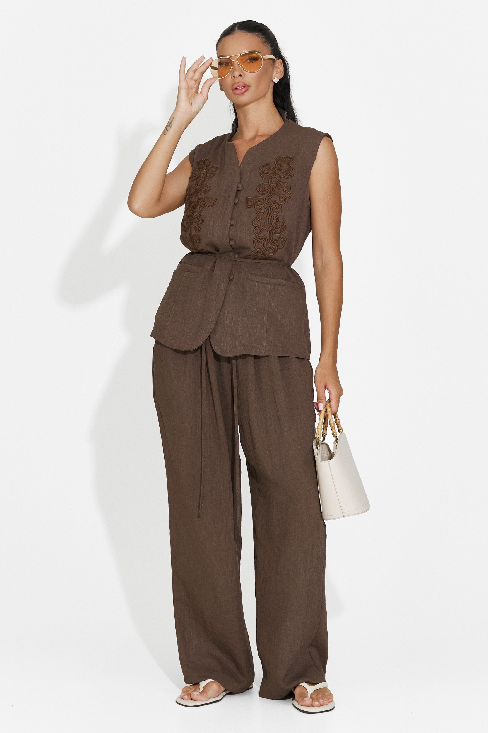 Completo donna gilet + pantaloni marroni Vyzela Bogas