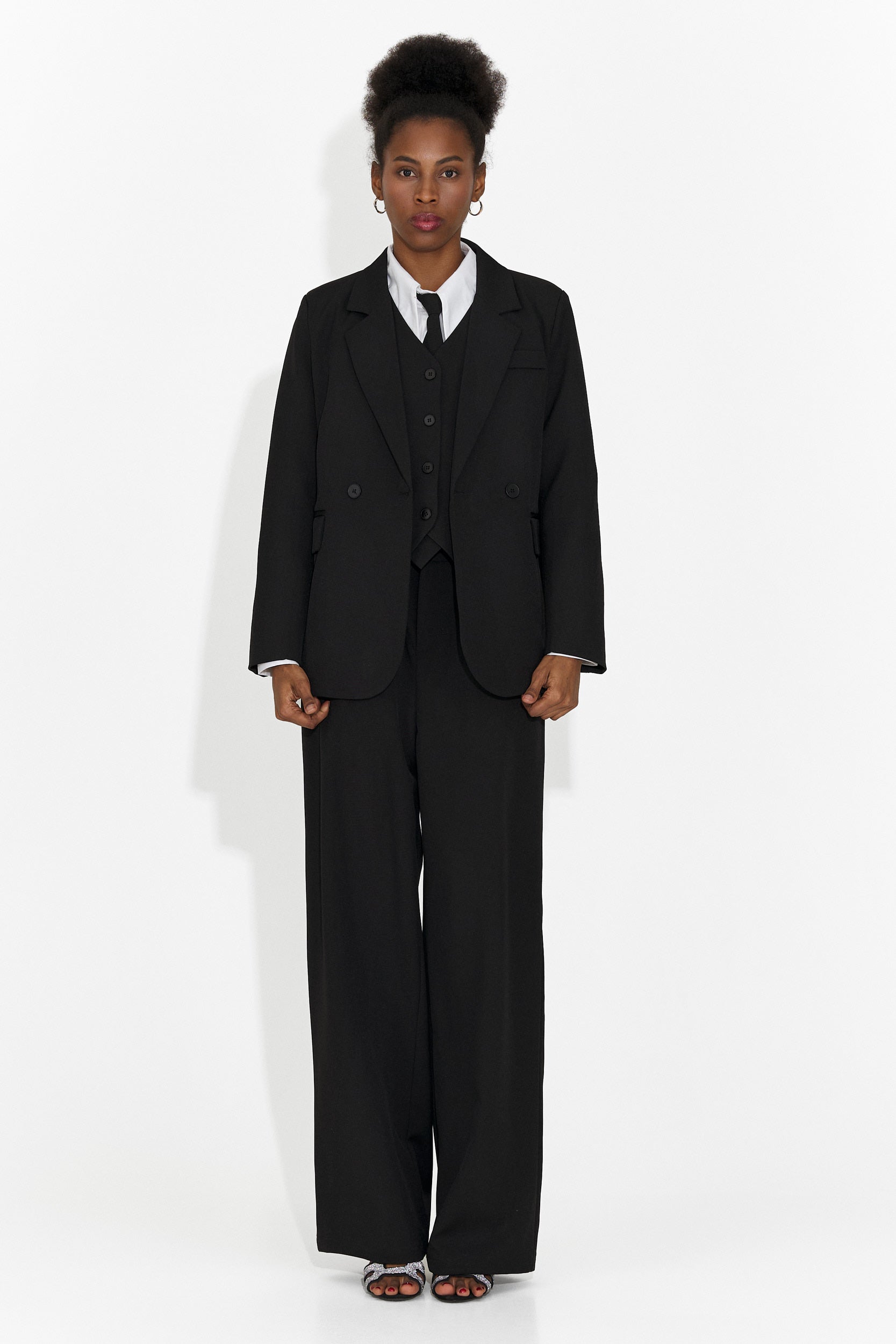 4 Pezzi Completo Pantaloni + Gilet + Giacca + Cravatta Nera Mel