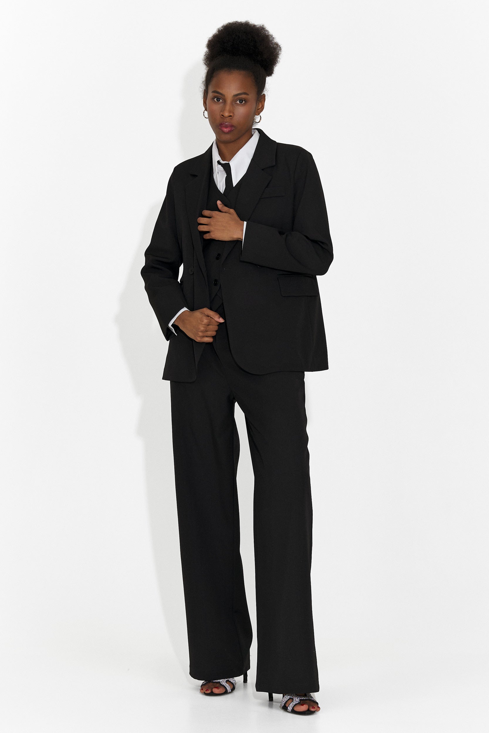4 Pezzi Completo Pantaloni + Gilet + Giacca + Cravatta Nera Mel