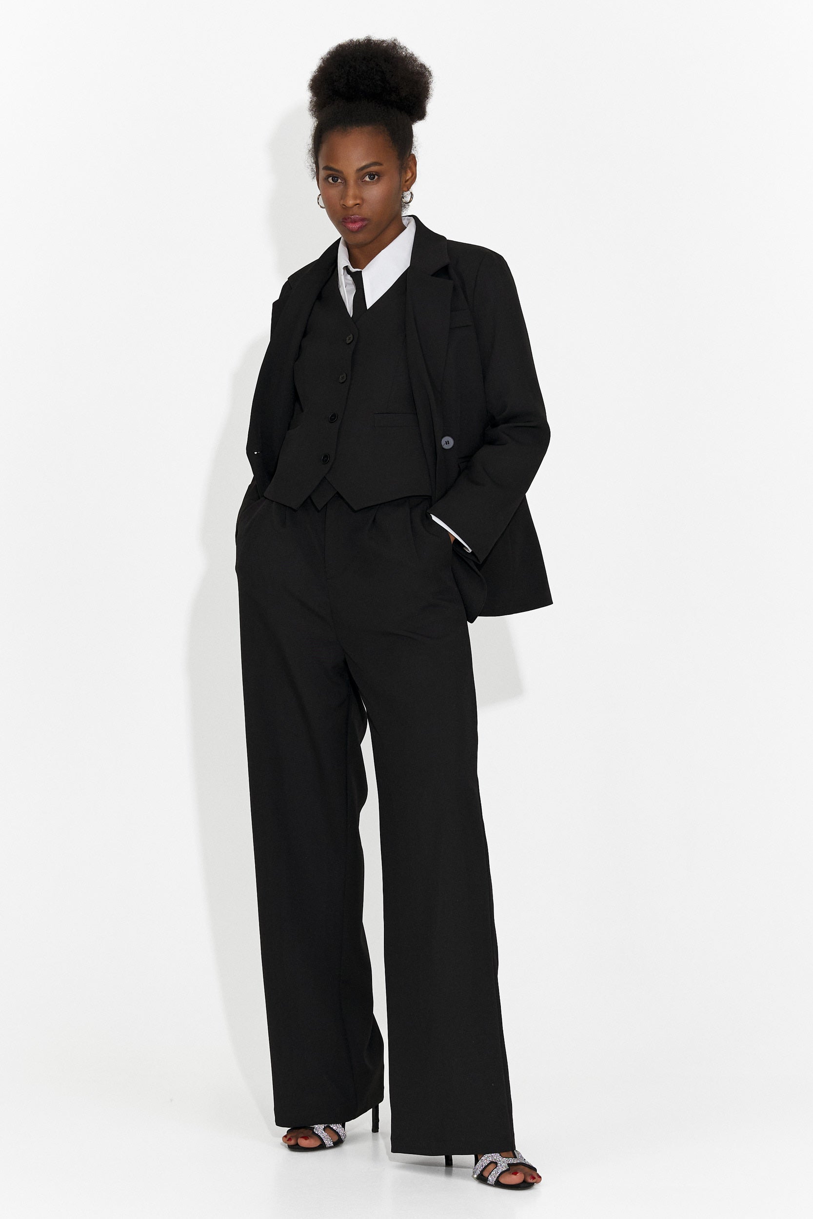 4 Pezzi Completo Pantaloni + Gilet + Giacca + Cravatta Nera Mel