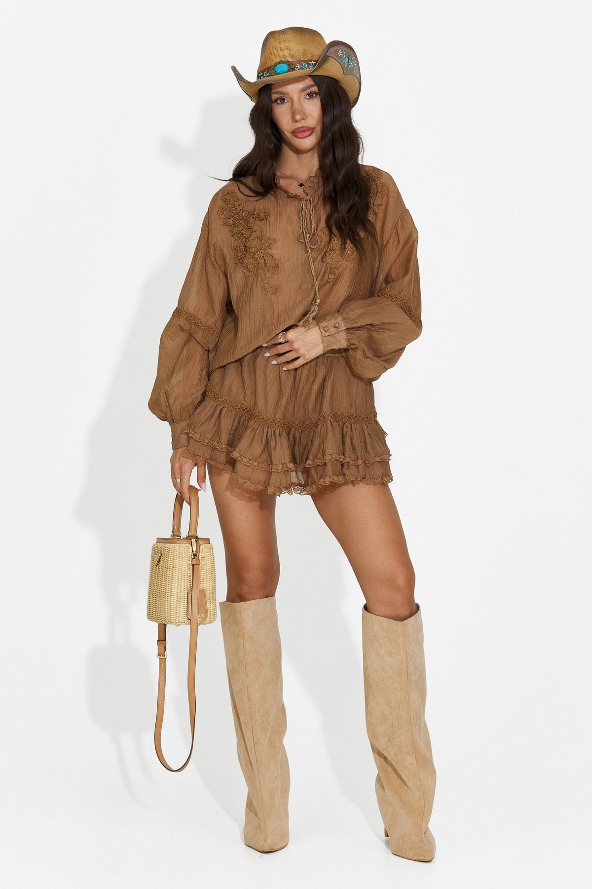 Completo da donna con gonna-pantalone marrone Miniola Bogas