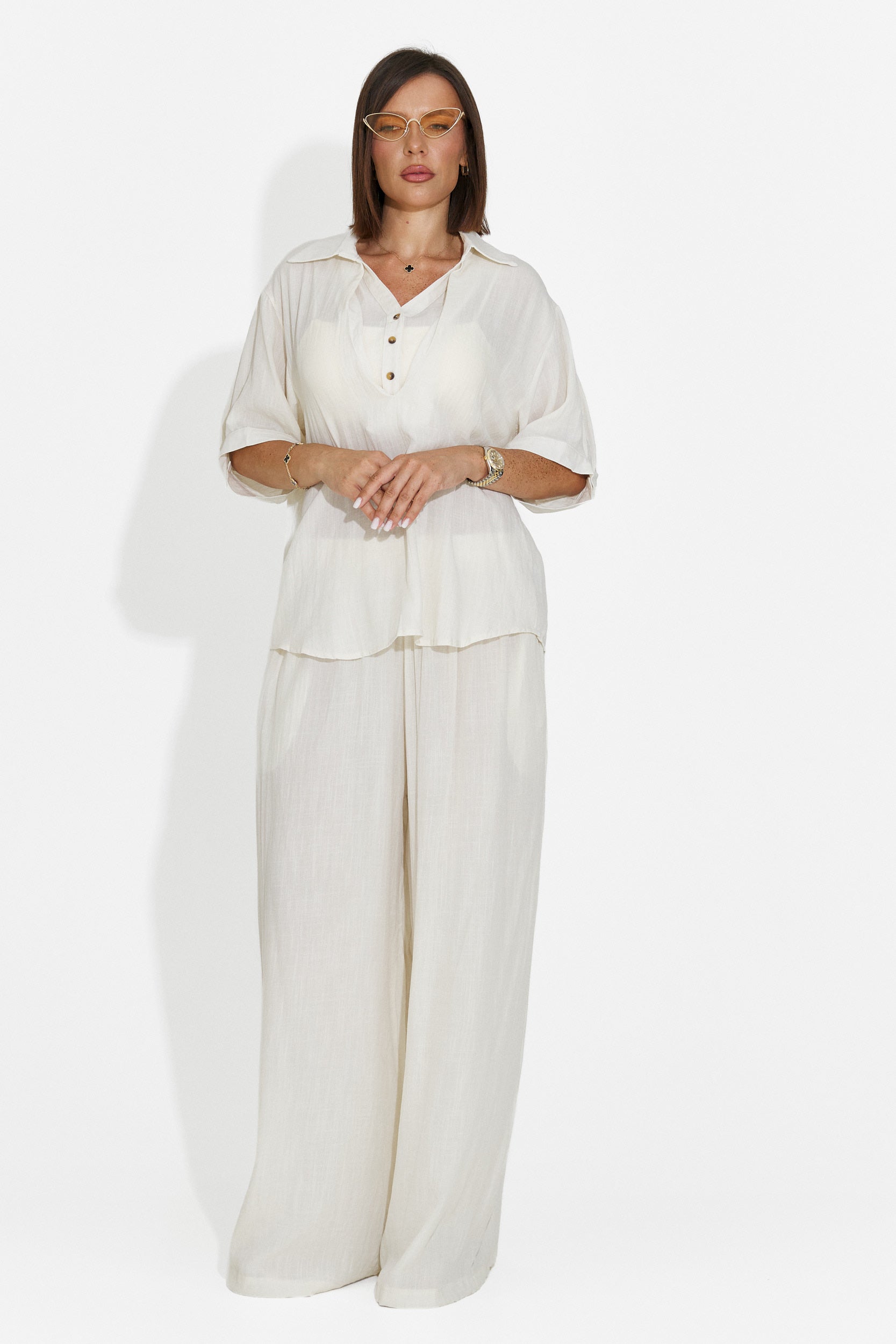 Completo donna camicia + pantaloni beige Anyela Bogas