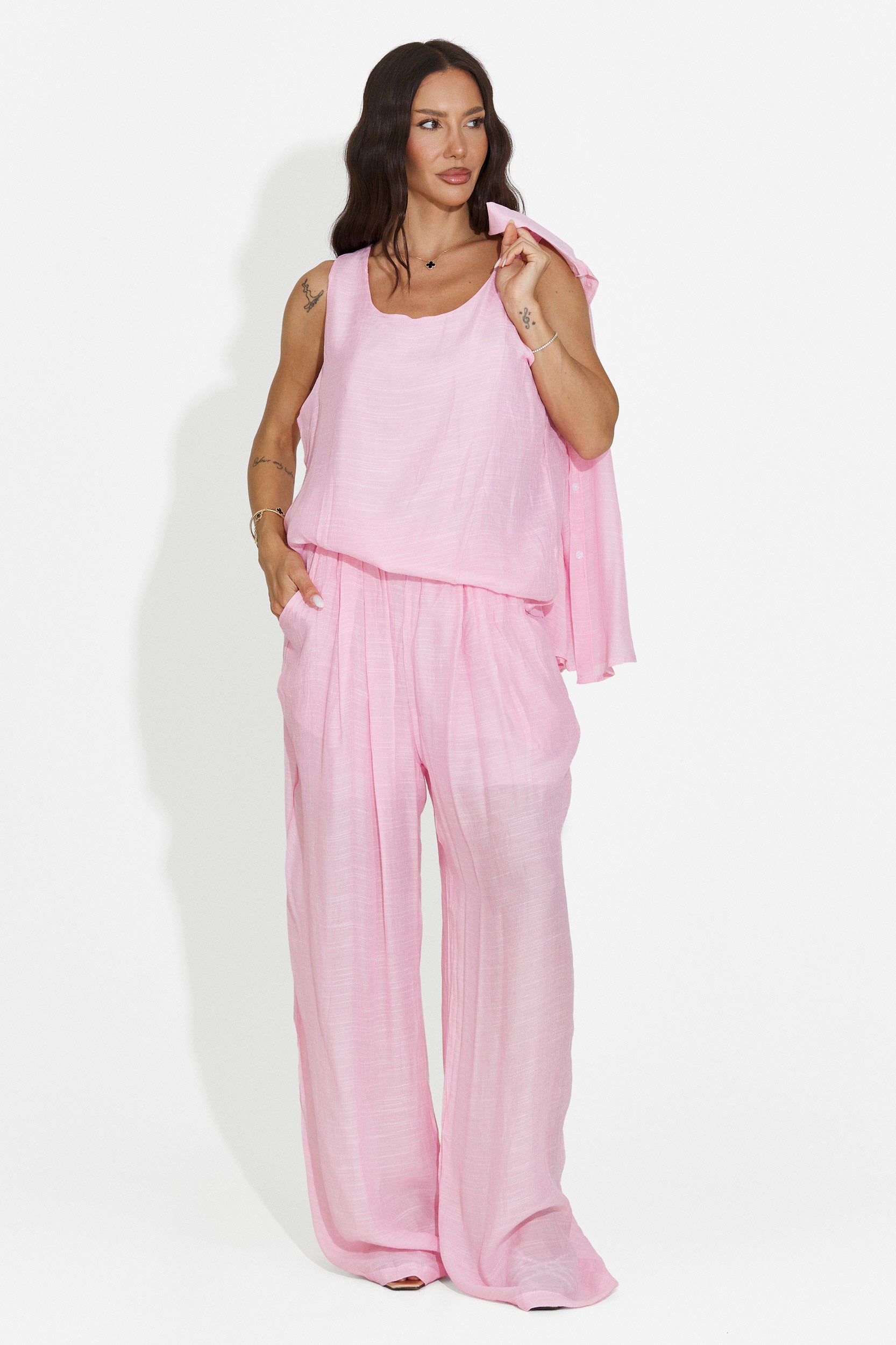 Completo donna camicia + pantaloni + canotta rosa Mivya Bogas