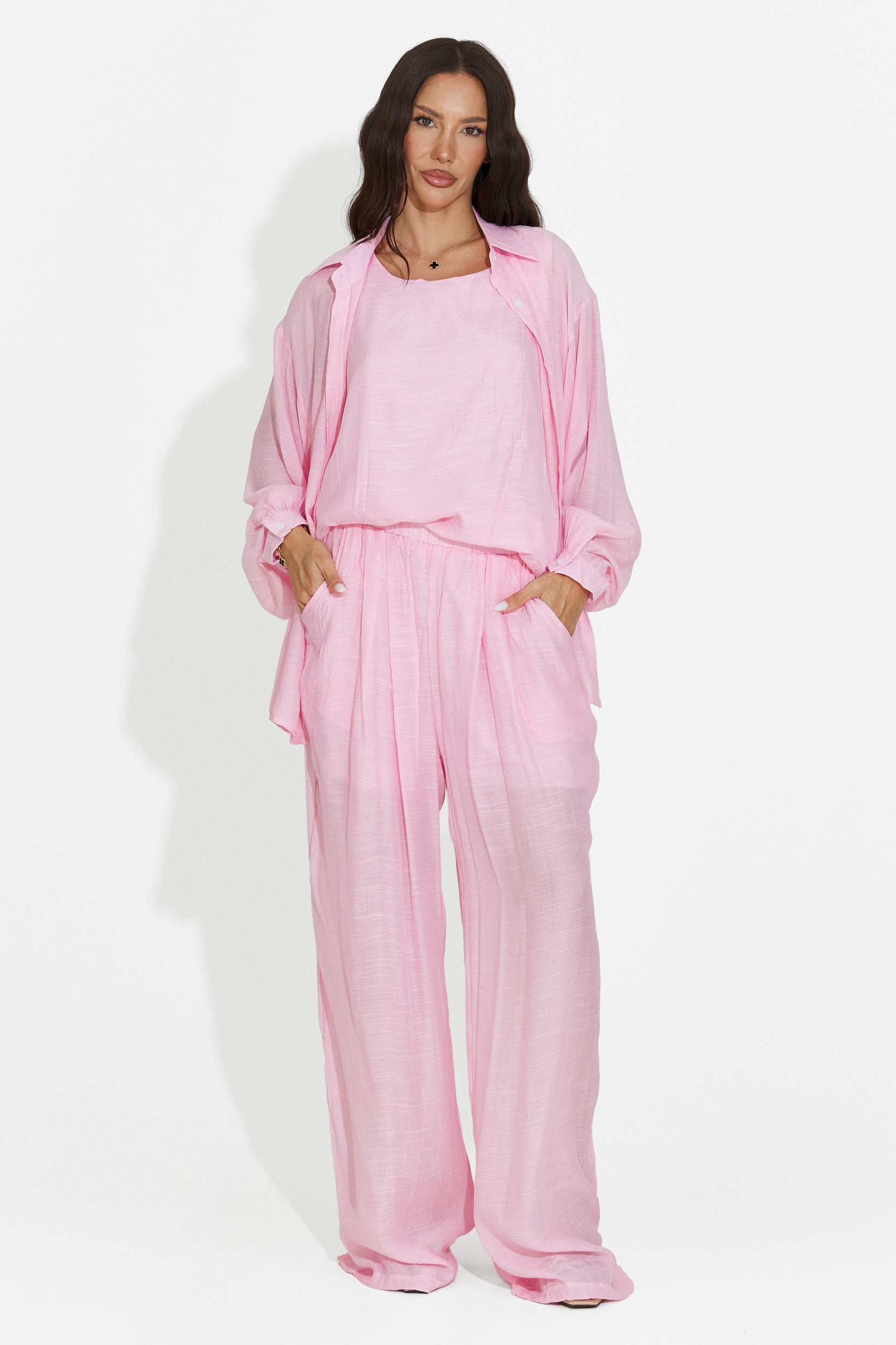 Completo donna camicia + pantaloni + canotta rosa Mivya Bogas
