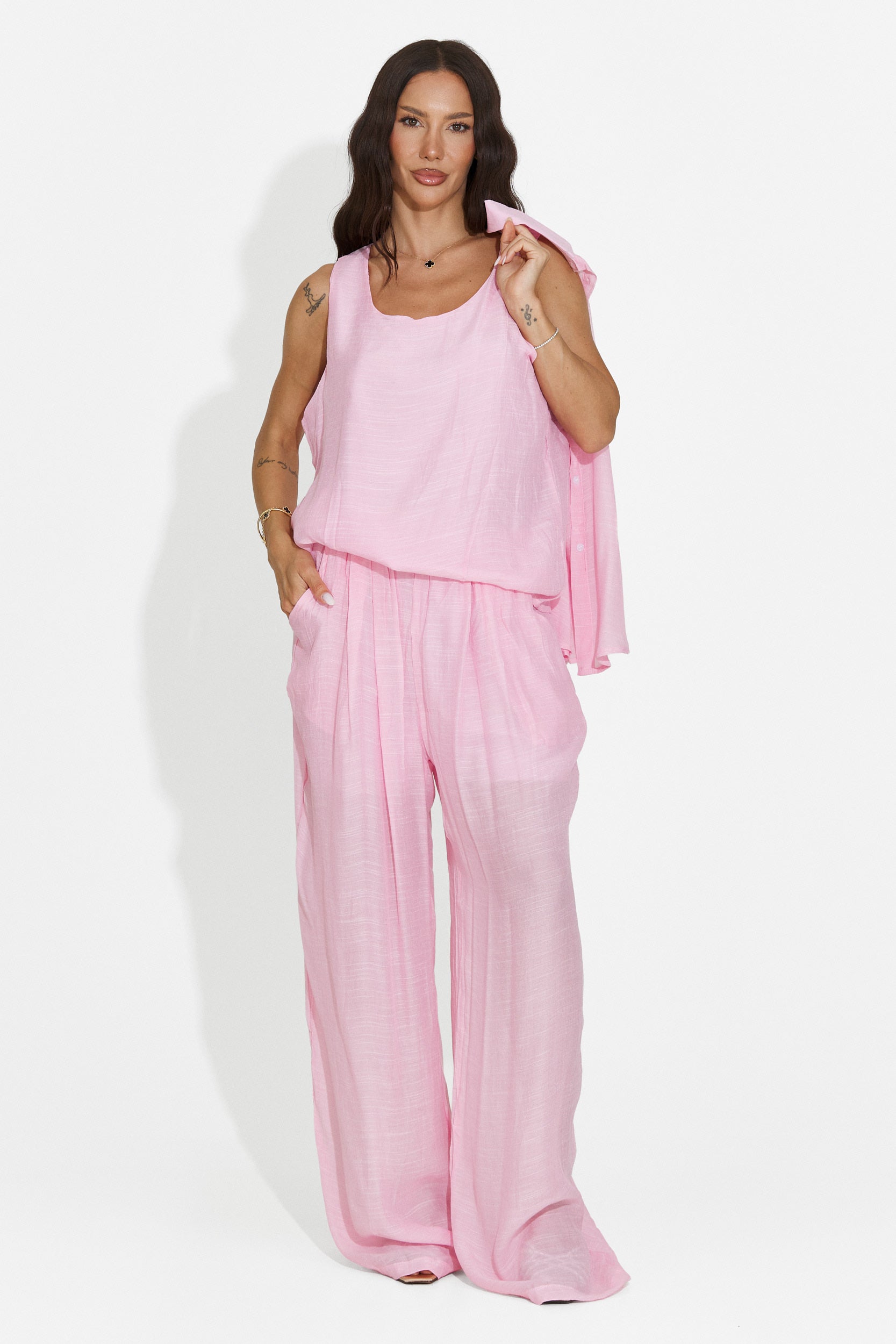 Completo donna camicia + pantaloni + canotta rosa Mivya Bogas