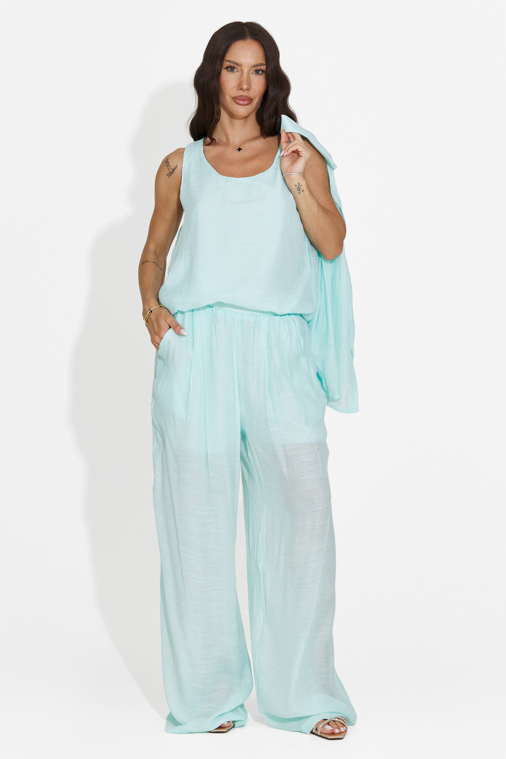 Completo donna camicia + pantaloni + canotta turchese Mivya Bogas