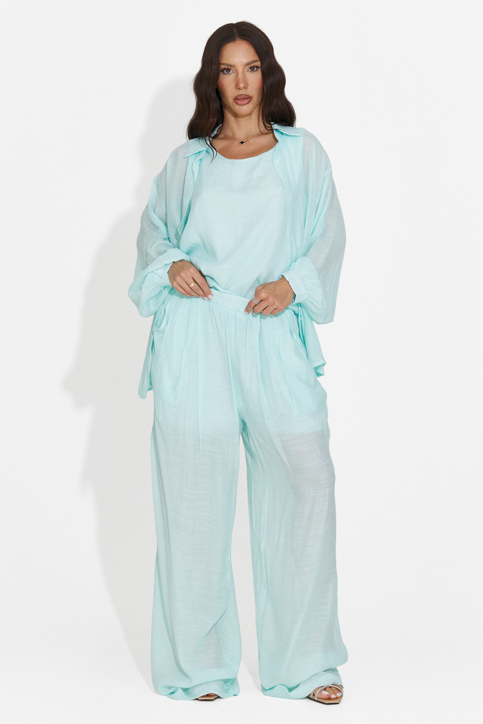 Completo donna camicia + pantaloni + canotta turchese Mivya Bogas