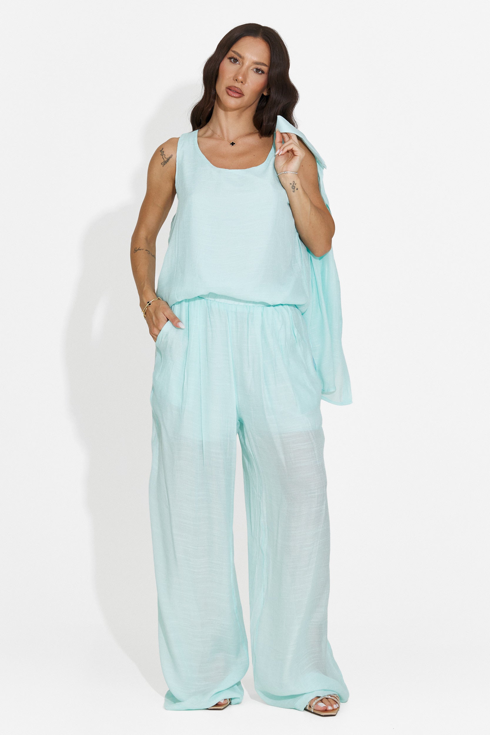 Completo donna camicia + pantaloni + canotta turchese Mivya Bogas
