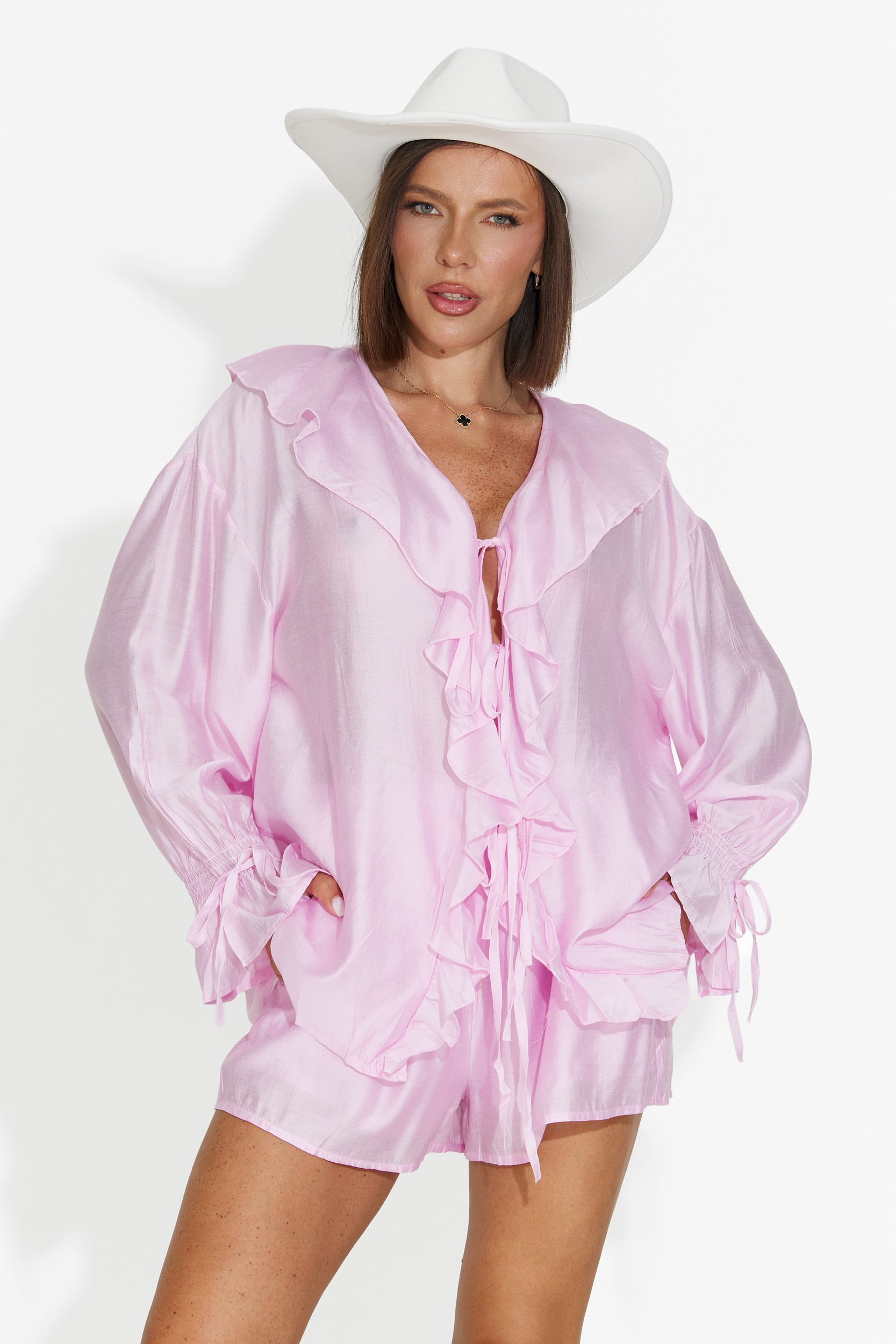 Completo donna camicia + pantaloni corti rosa Melioria Bogas