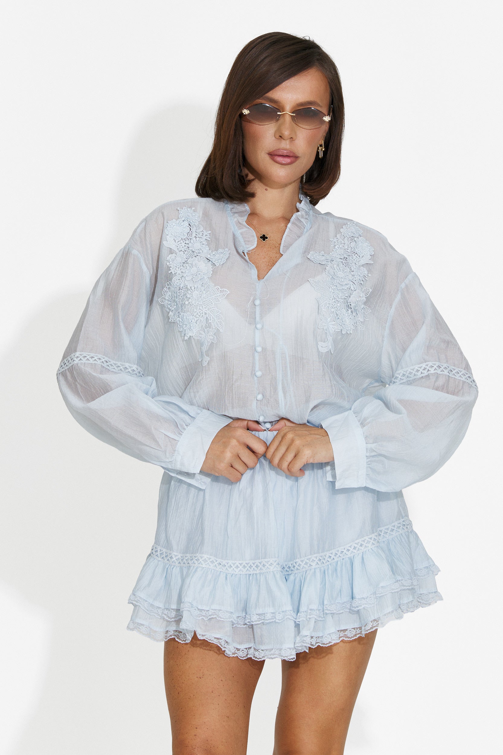 Completo donna con gonna pantalone azzurro Miniola Bogas