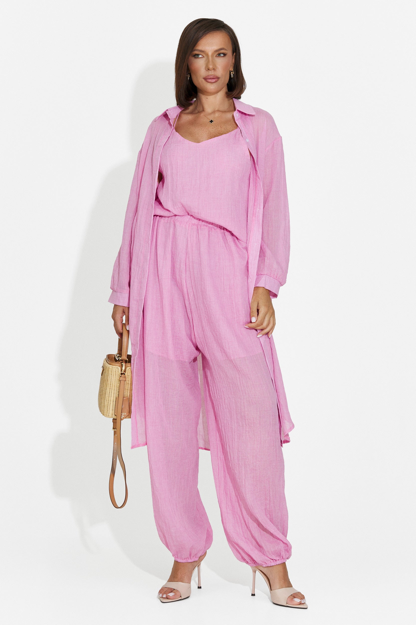 Completo da donna pantaloni + canotta + camicia rosa Dariele Bogas