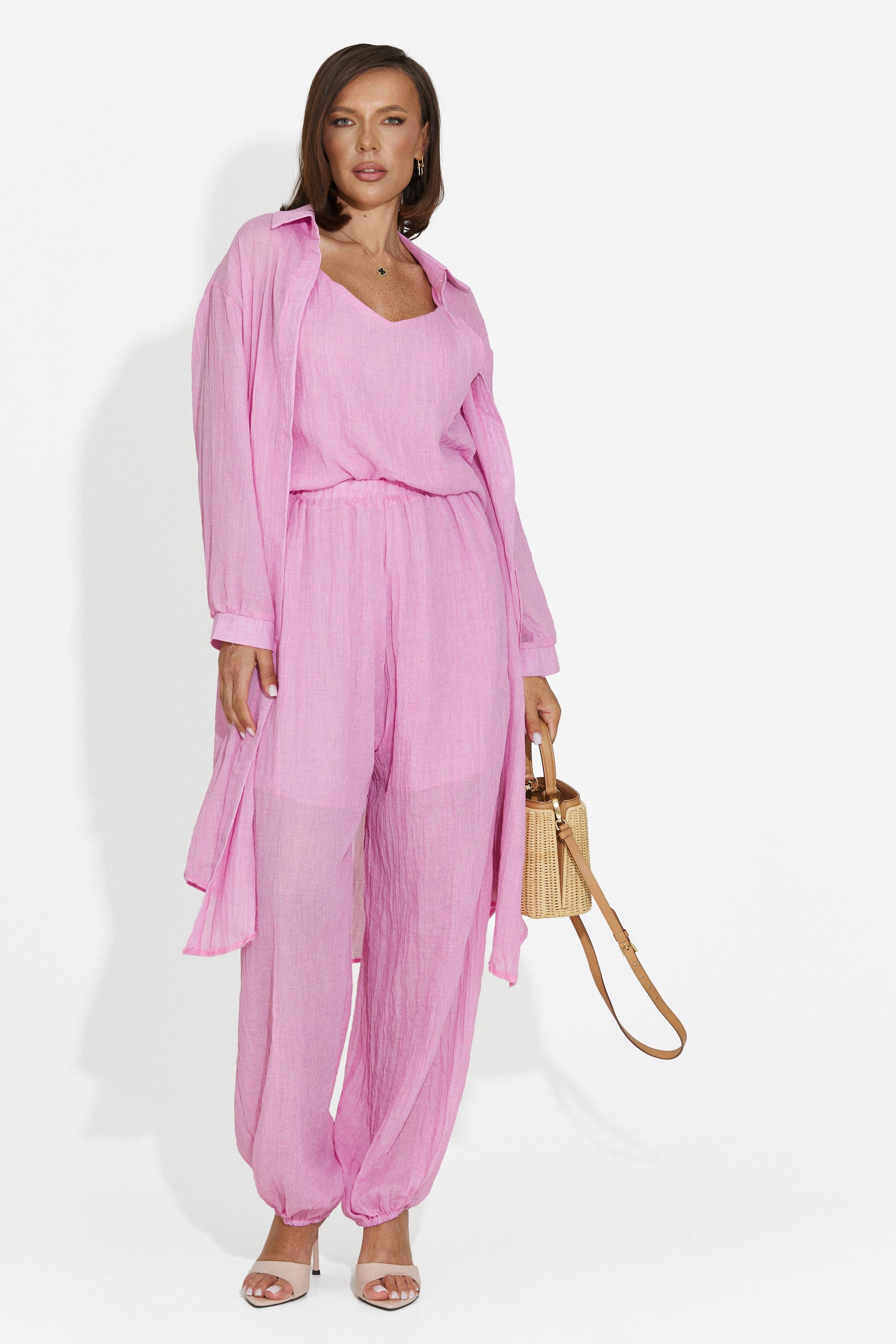Completo da donna pantaloni + canotta + camicia rosa Dariele Bogas