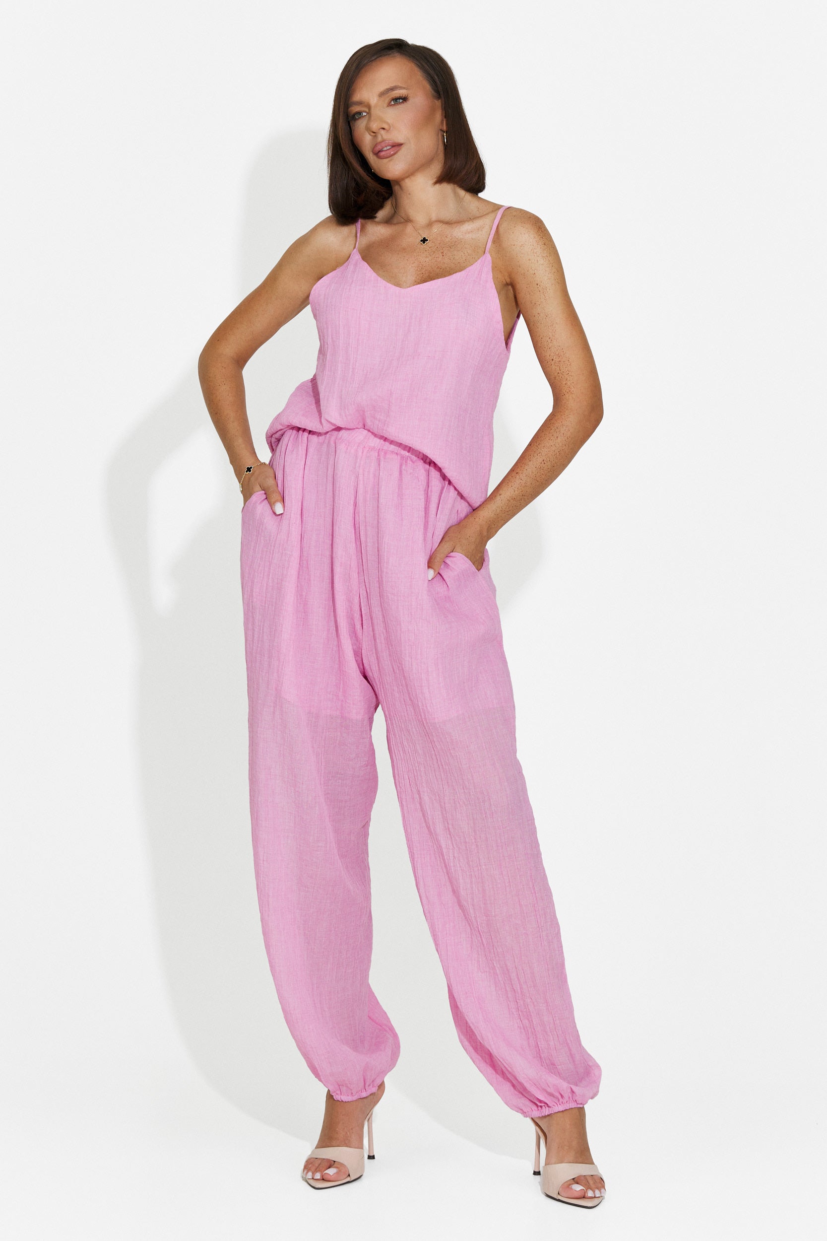 Completo da donna pantaloni + canotta + camicia rosa Dariele Bogas
