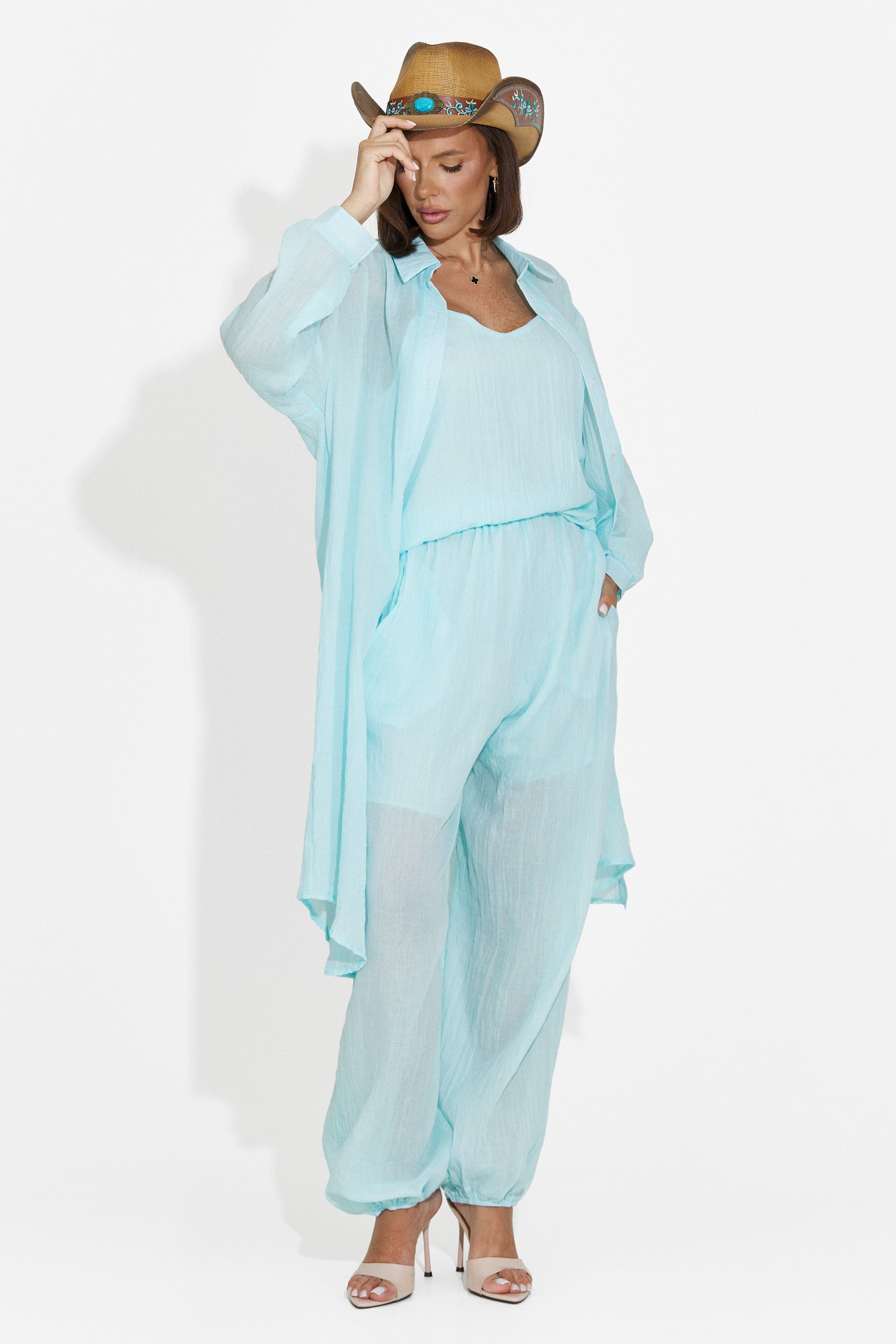 Completo da donna pantaloni + canotta + camicia turchese Dariele Bogas