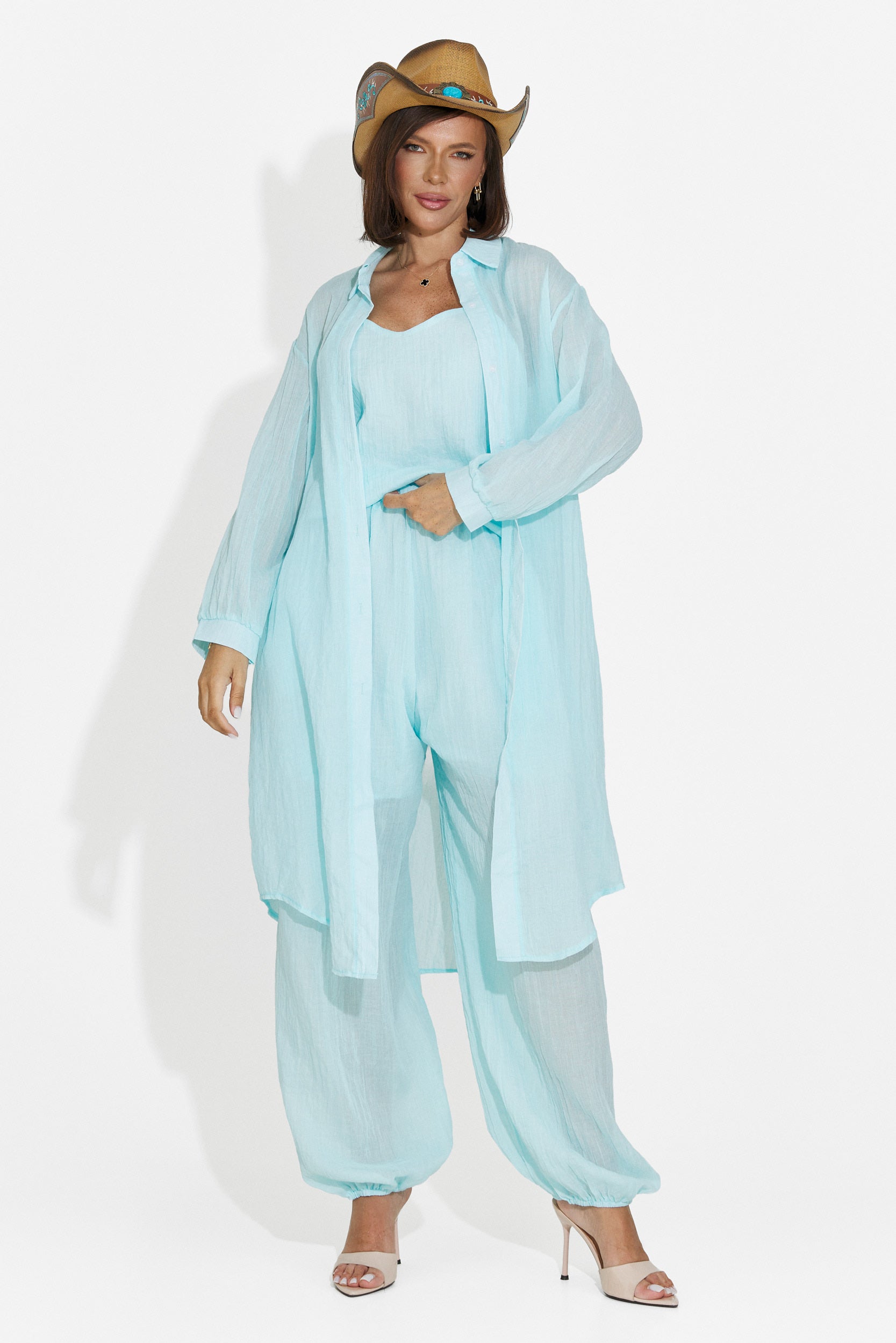 Completo da donna pantaloni + canotta + camicia turchese Dariele Bogas