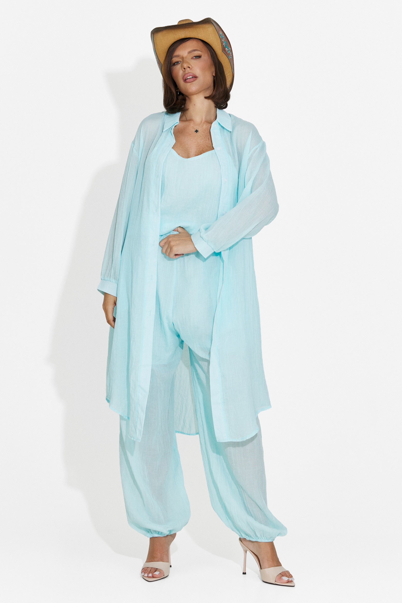 Completo da donna pantaloni + canotta + camicia turchese Dariele Bogas