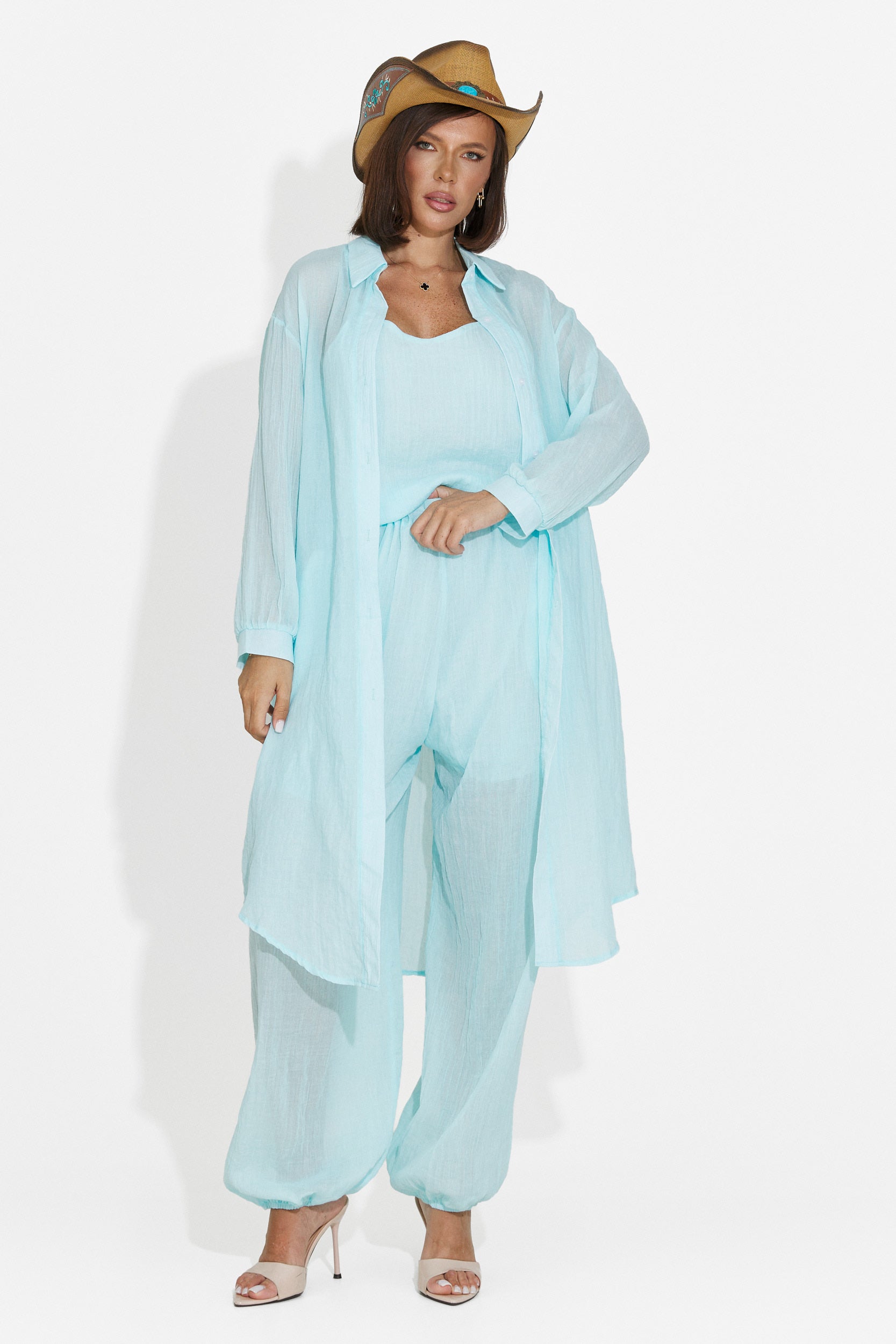 Completo da donna pantaloni + canotta + camicia turchese Dariele Bogas