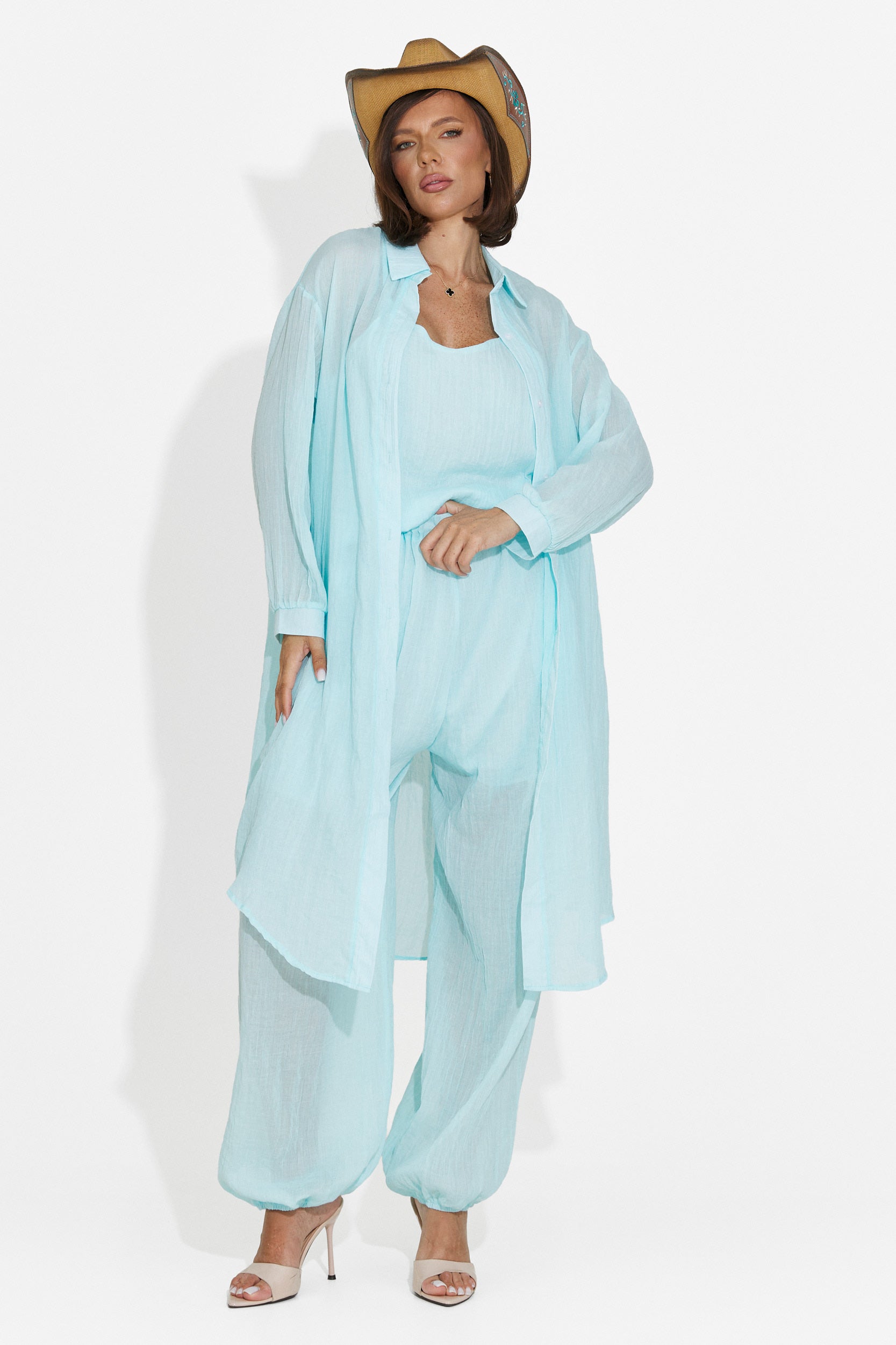 Completo da donna pantaloni + canotta + camicia turchese Dariele Bogas