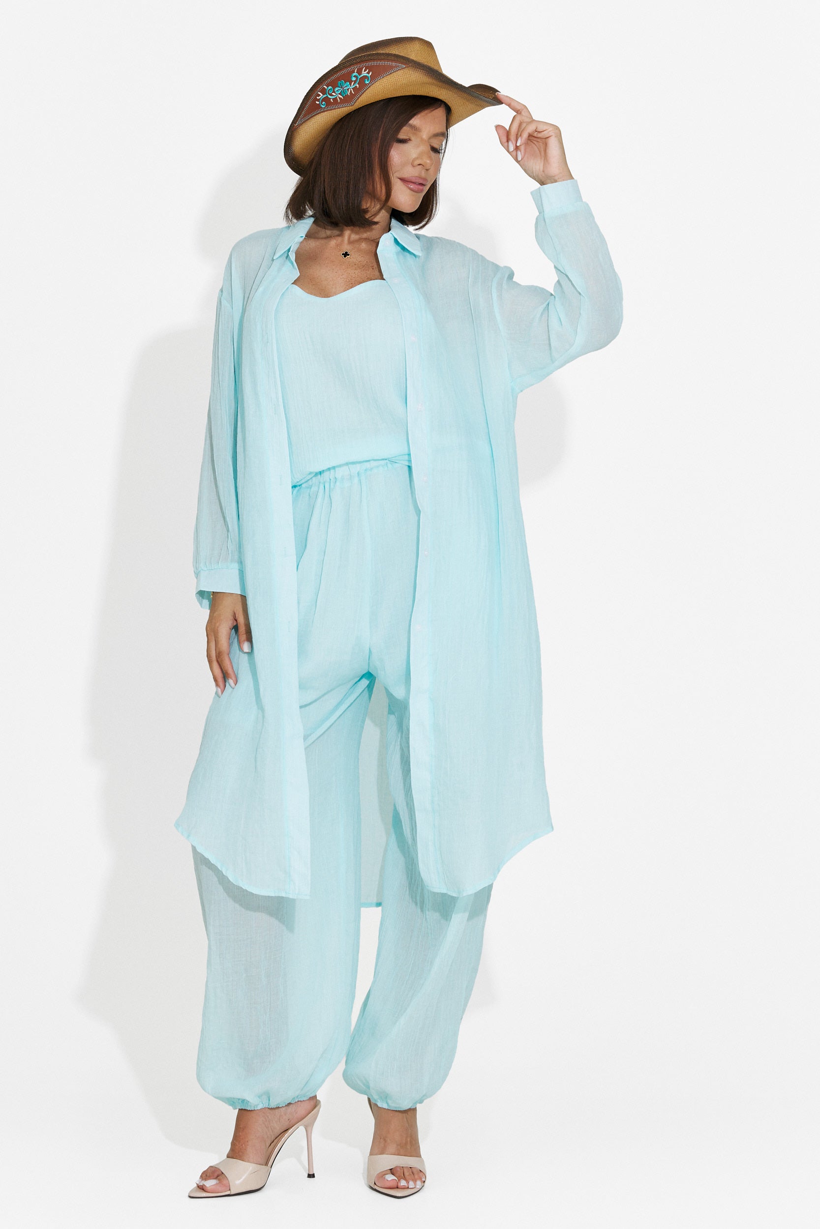 Completo da donna pantaloni + canotta + camicia turchese Dariele Bogas