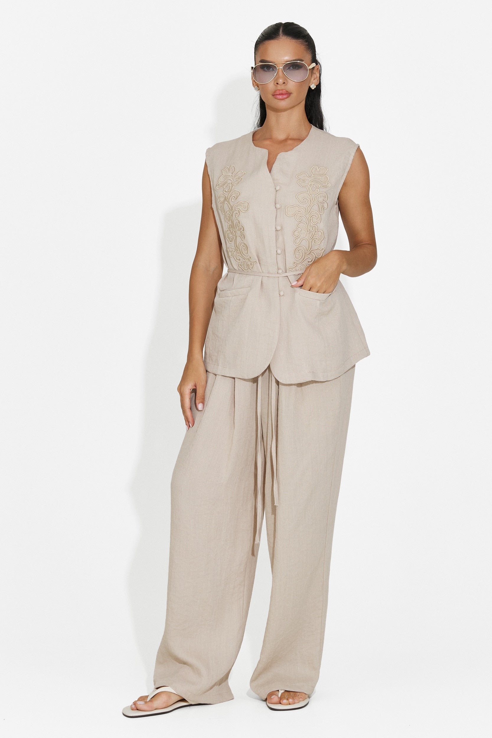 Completo donna gilet + pantaloni beige Vyzela Bogas
