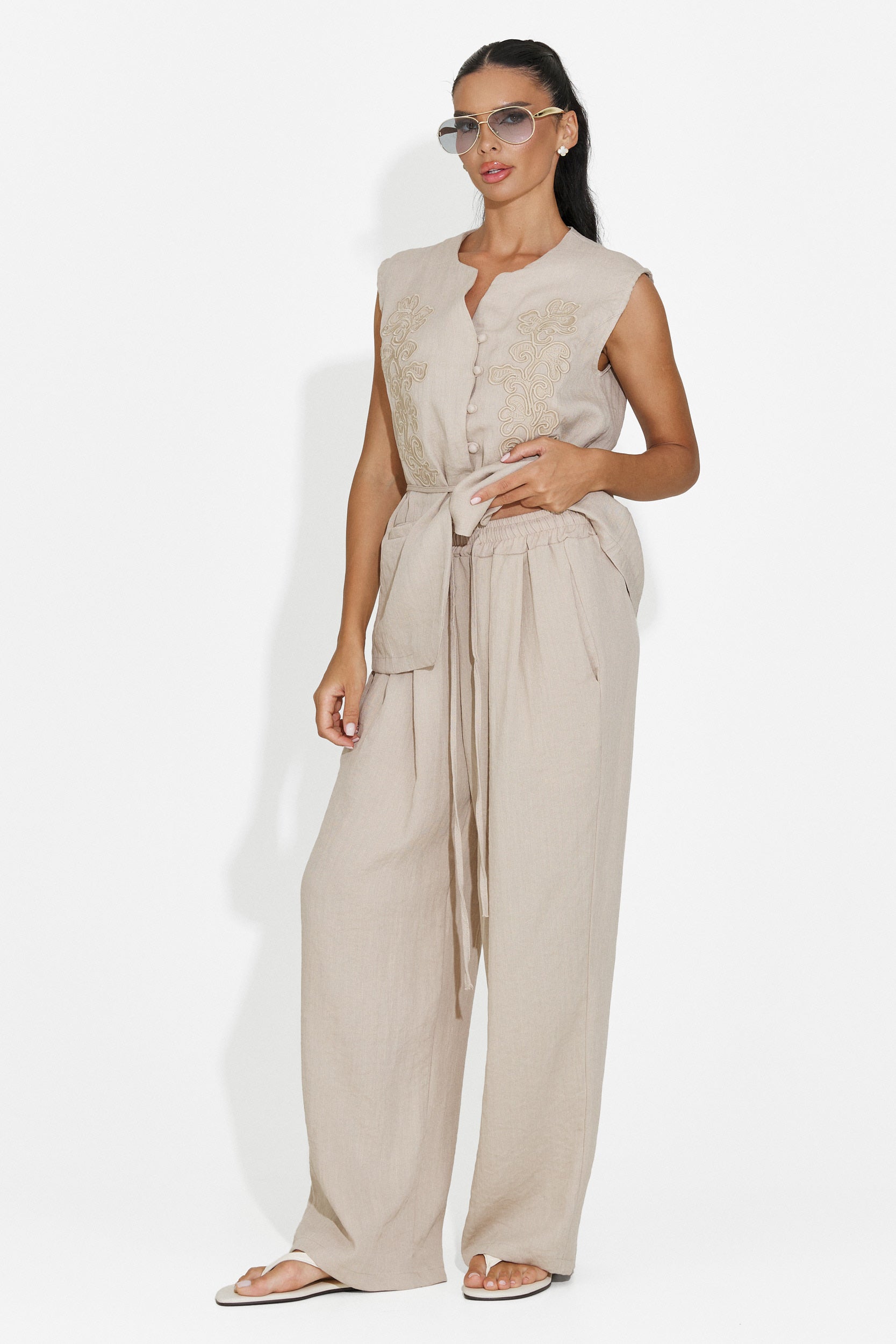 Completo donna gilet + pantaloni beige Vyzela Bogas