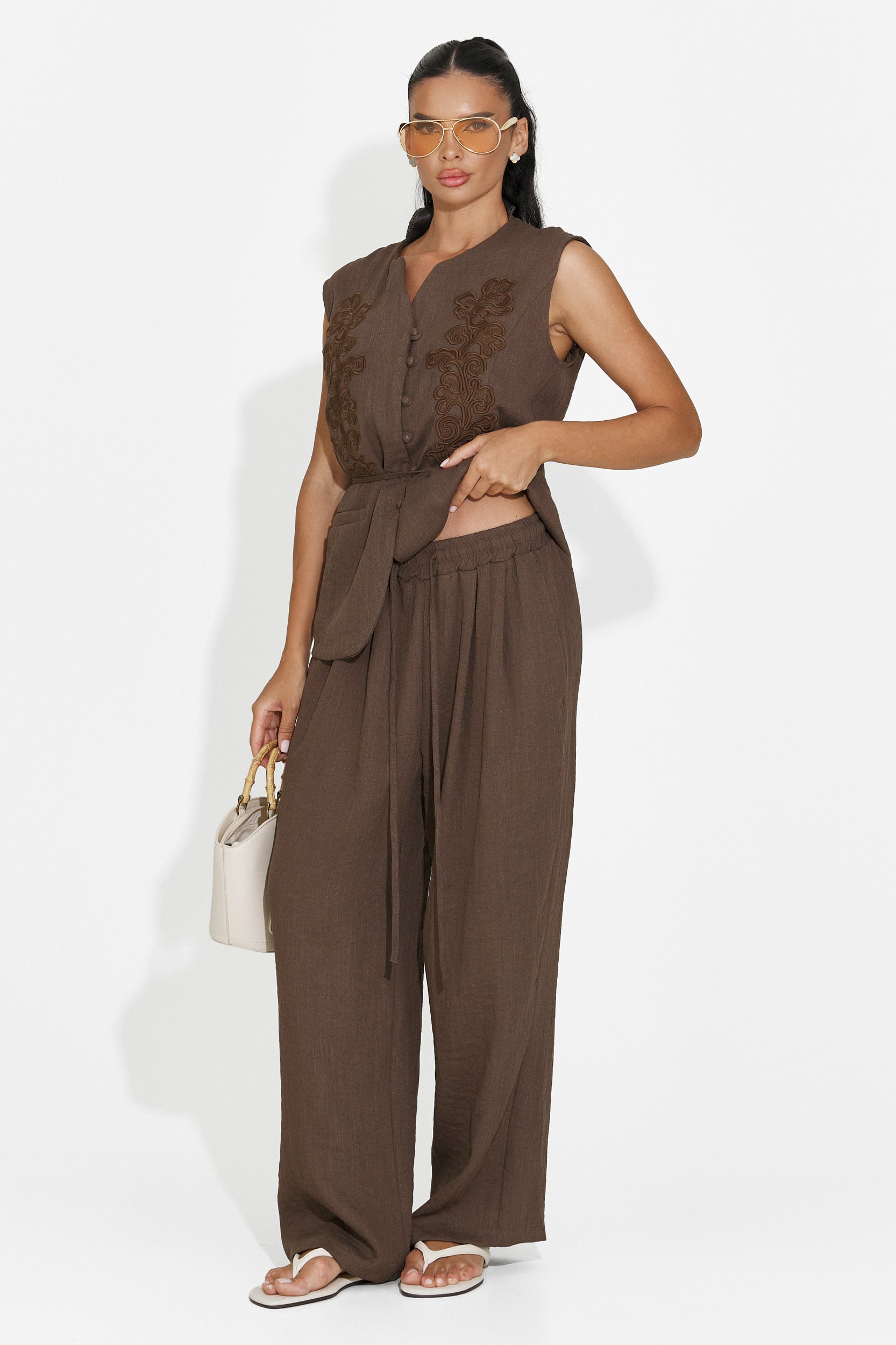 Completo donna gilet + pantaloni marroni Vyzela Bogas