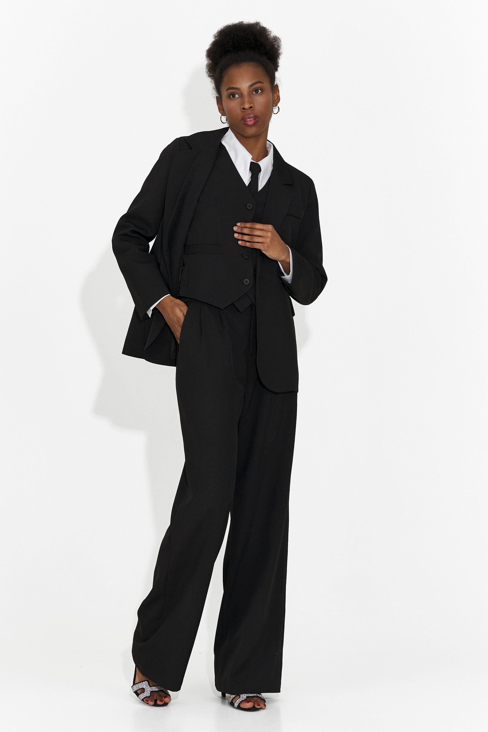 4 Pezzi Completo Pantaloni + Gilet + Giacca + Cravatta Nera Mel