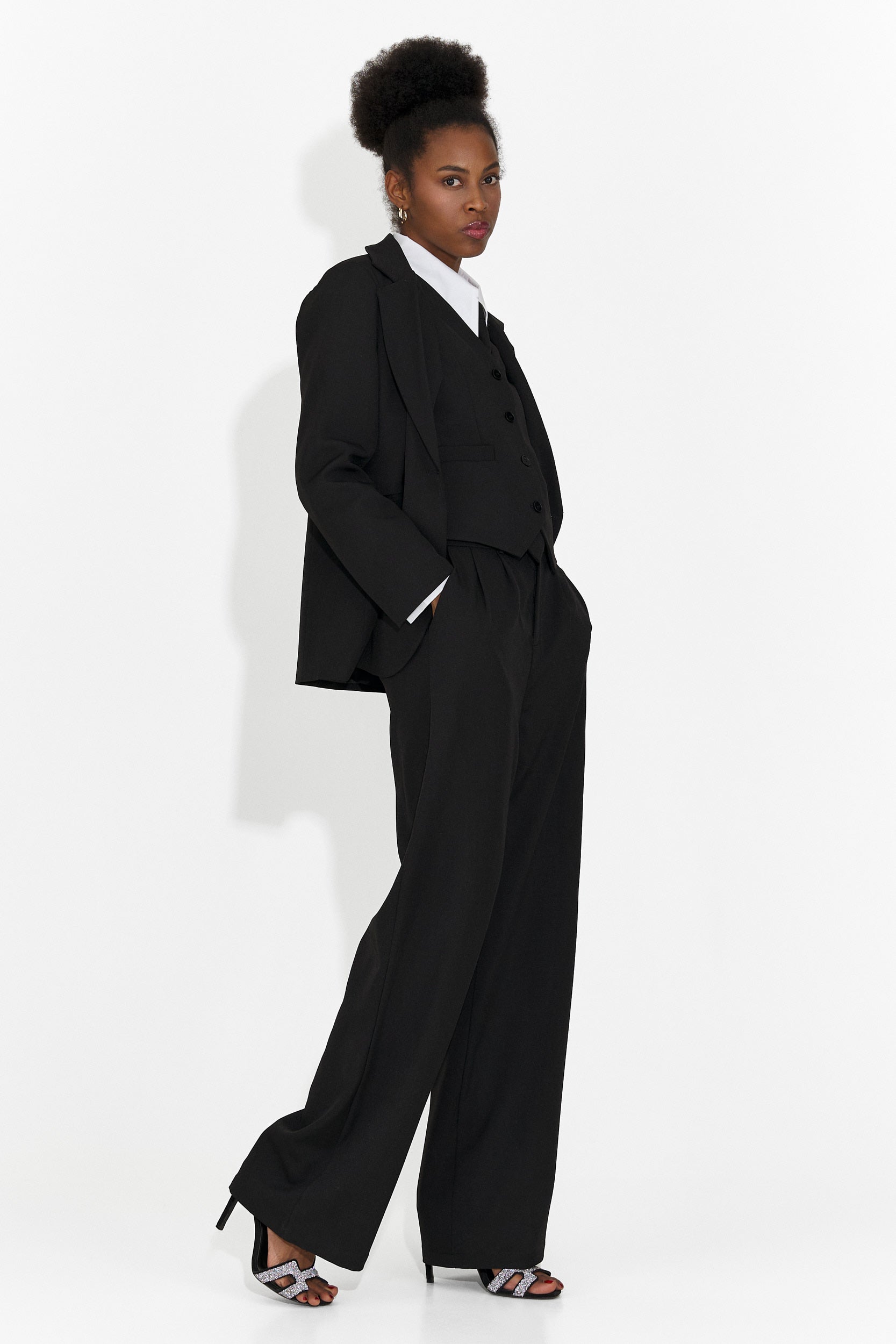 4 Pezzi Completo Pantaloni + Gilet + Giacca + Cravatta Nera Mel