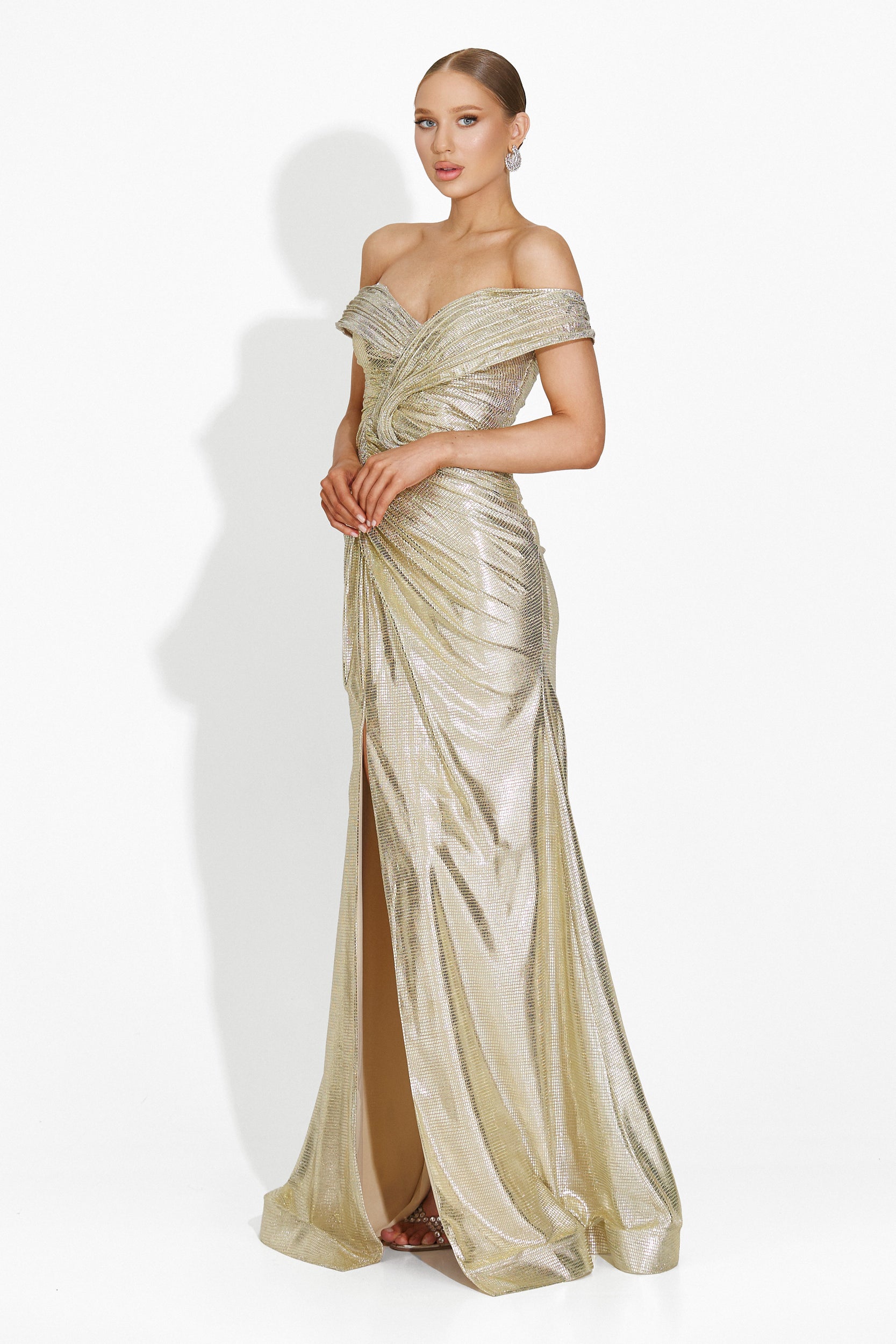 [Resigilat] Abito donna lungo beige-oro Stephane Bogas