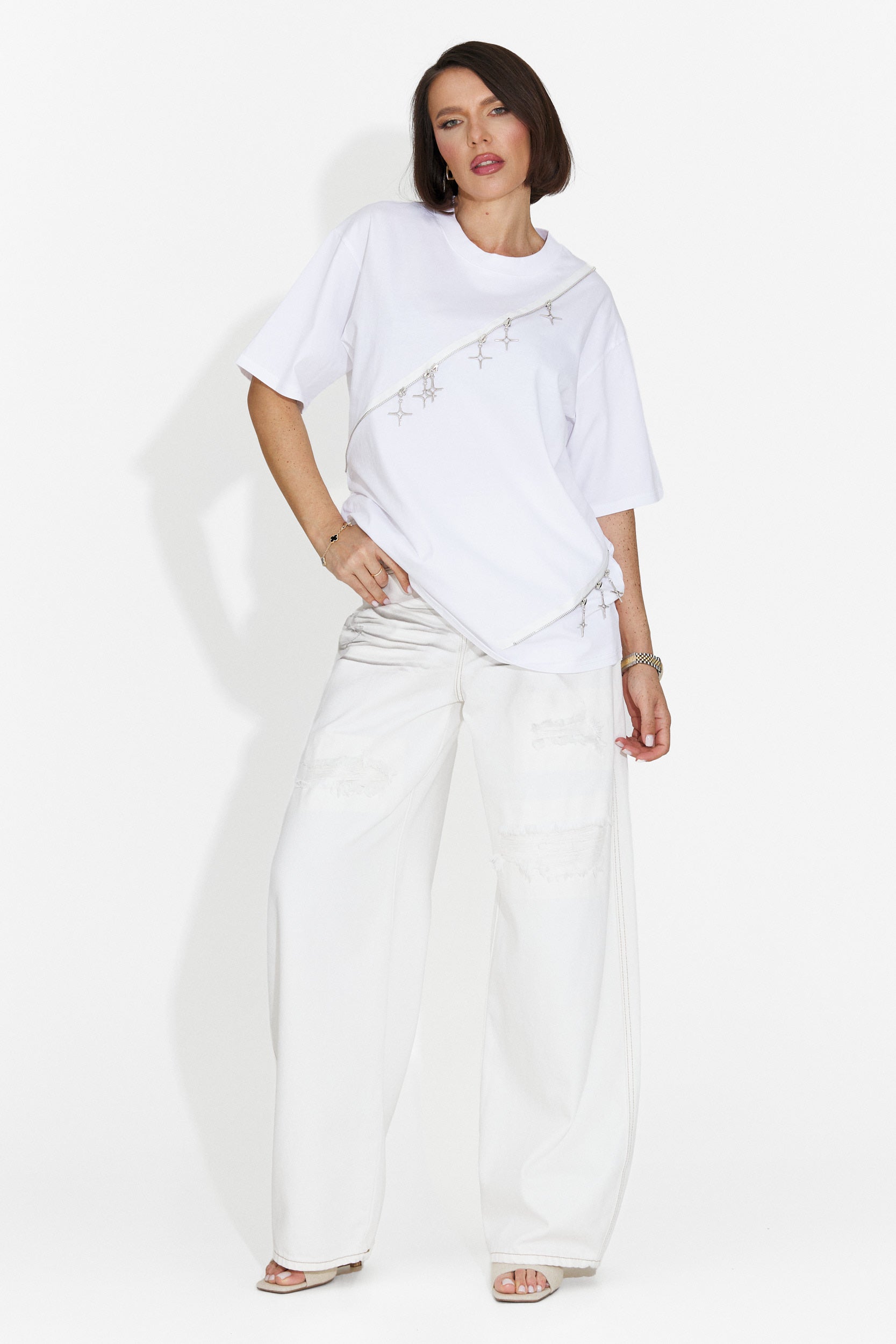 T-shirt Casual da Donna Bianca con Ruches Bogas