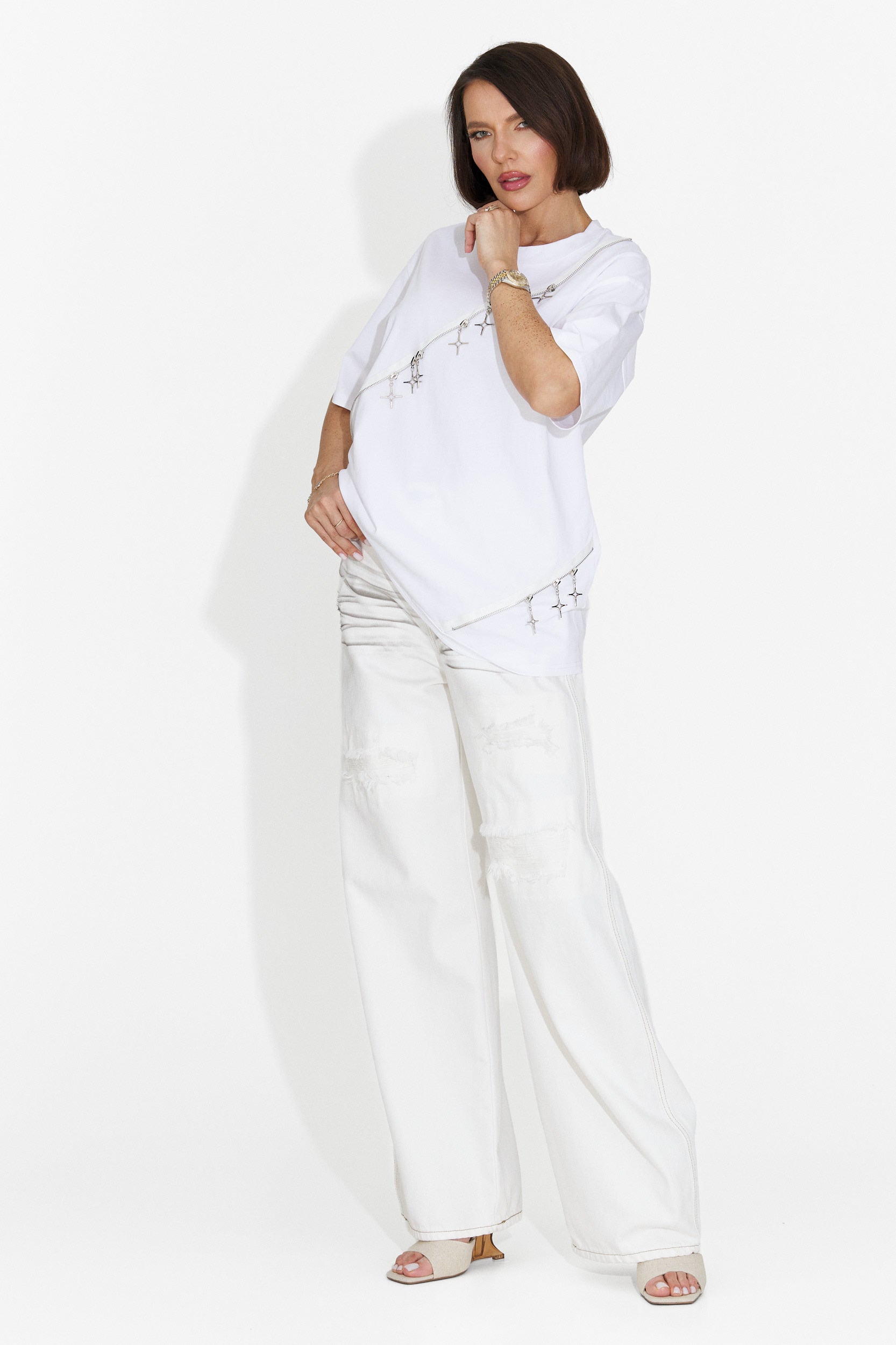 T-shirt Casual da Donna Bianca con Ruches Bogas