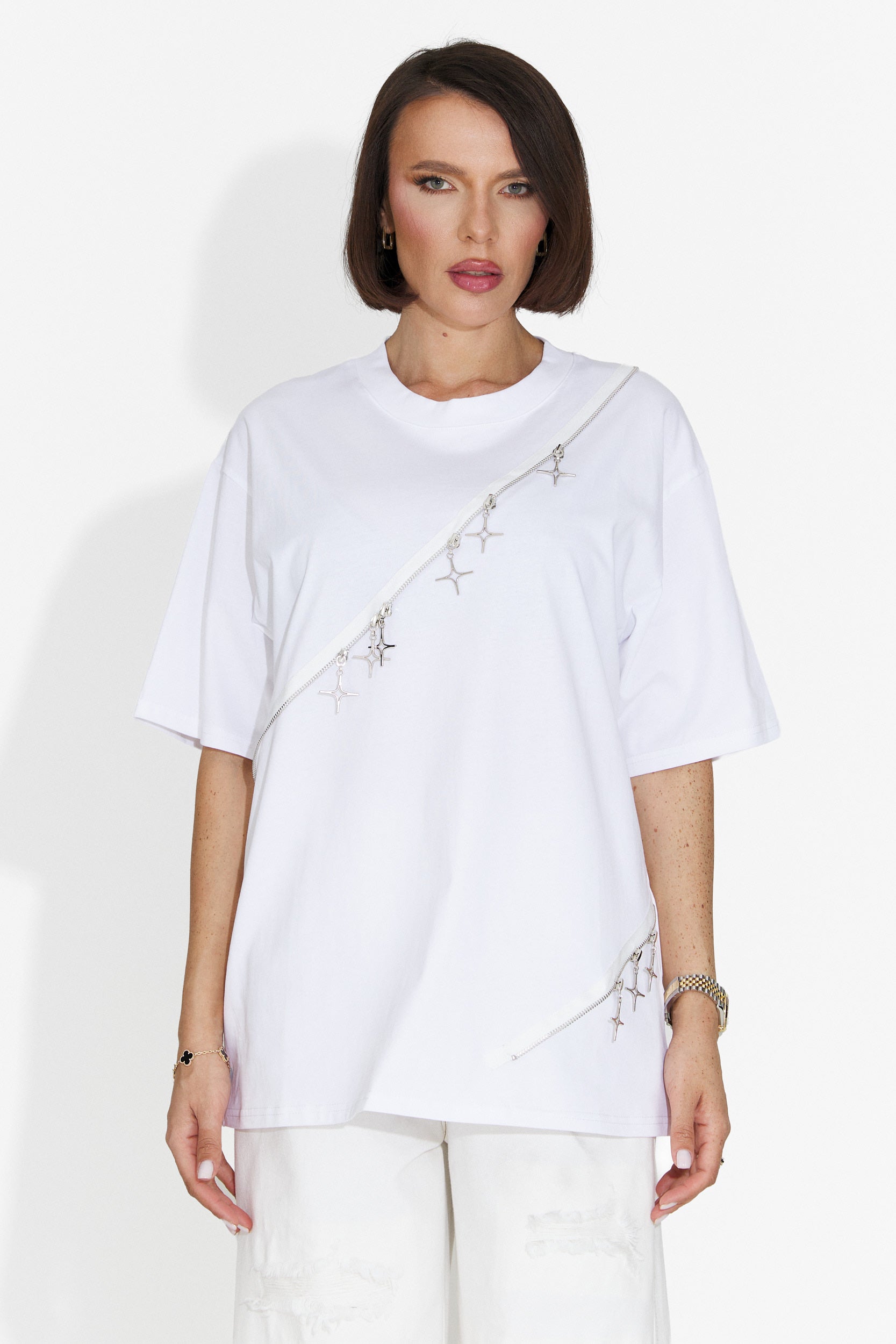 T-shirt Casual da Donna Bianca con Ruches Bogas