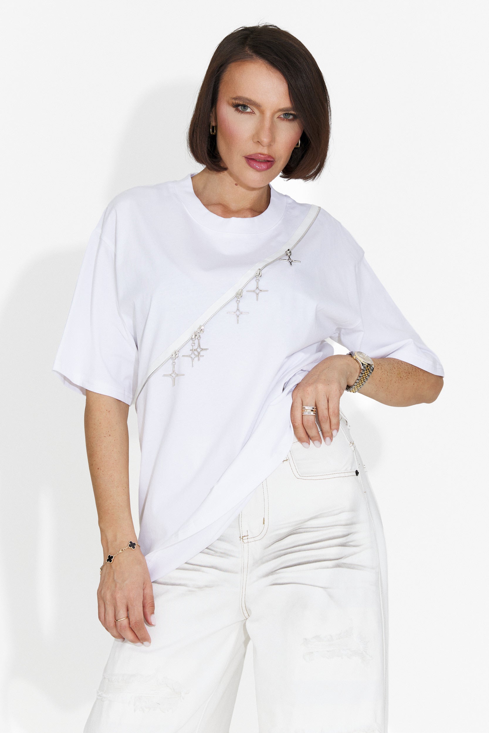 T-shirt Casual da Donna Bianca con Ruches Bogas