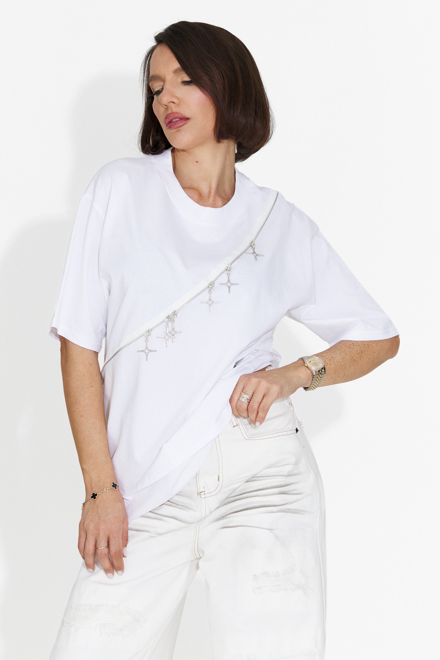 T-shirt Casual da Donna Bianca con Ruches Bogas